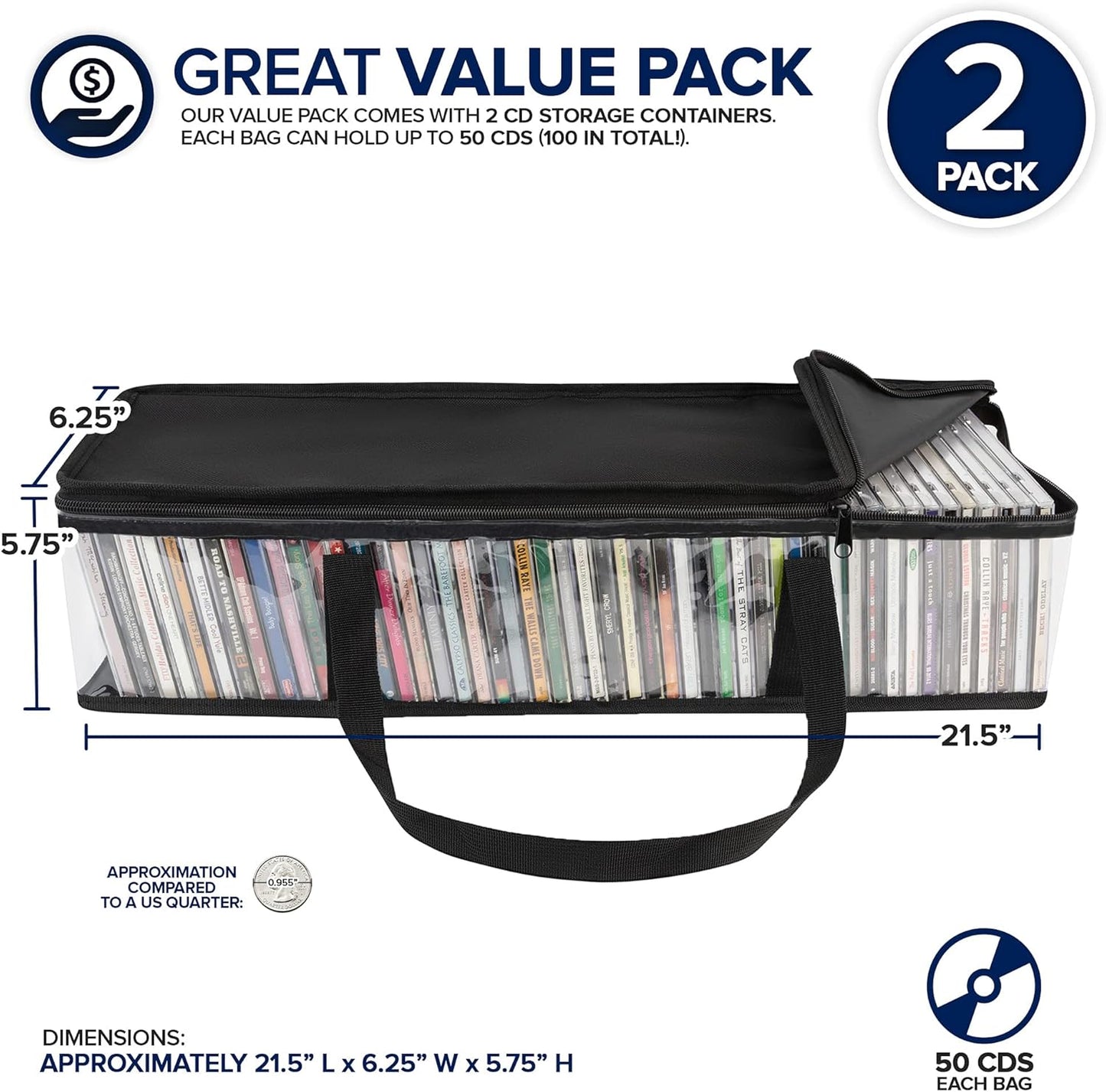 Stock Your Home CD Storage Bags (2 Pack) - Transparent PVC Media Storage - Water Resistant Holder Case With Handles - Clear Plastic Carrying Game Bag for Albums, Video Games, Books