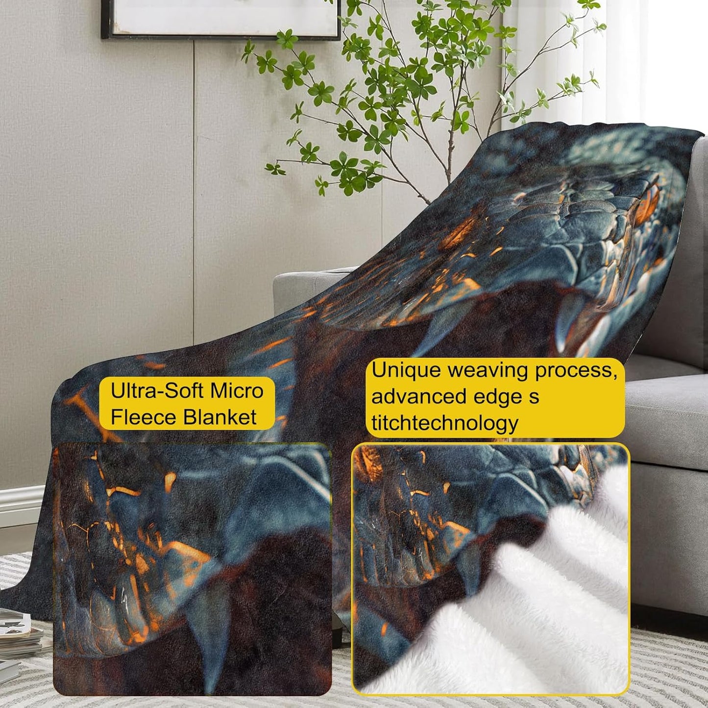 Snake Blanket,Reptile Animal Flannel Throw Blankets,Soft Warm Lightweight Cozy Plush Fierce Serpent Throws for Bedroom Sofa Home Decor Gifts for Adults Kids 50"x60"