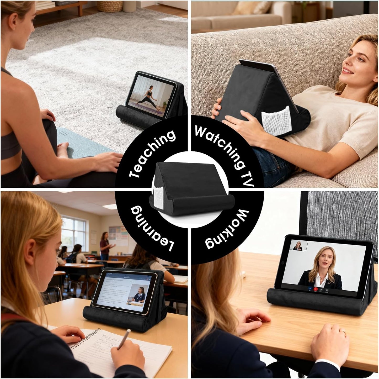Universal Tablet Cushion Stand - Multi-Angle Lazy Holder with Net Pocket & Phone Stands Options for Lap, Knee, Sofa, Bed (Black)