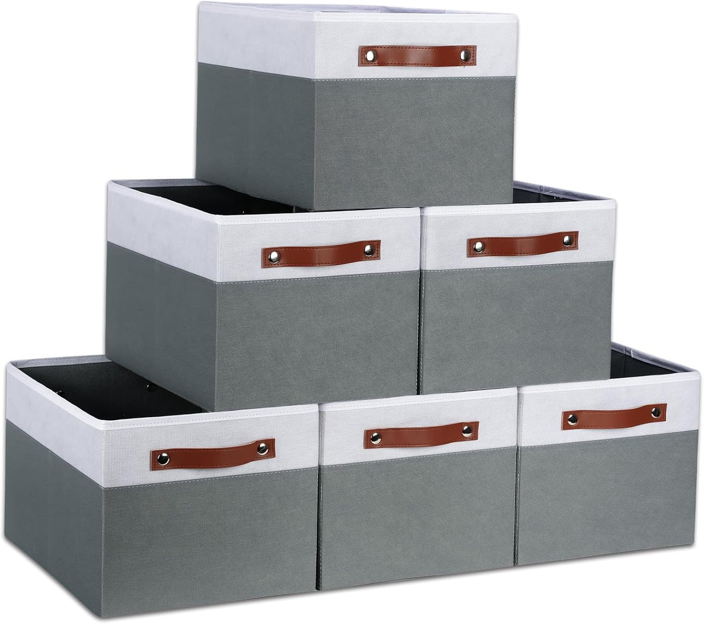 [6-Pack] Fabric Storage Bins (15x11x9.5”) – Reinforced 2.5mm Cardboard Shelf Bins with PU Leather Handles – Durable Storage Baskets for Closet Organization, Toy Organizer, & Home Office – White&Grey