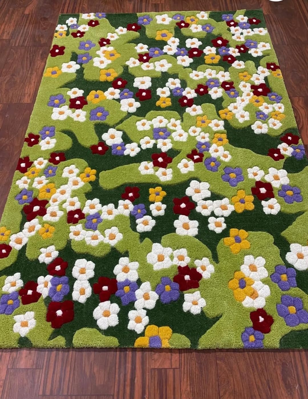 Floral Tufted Area Rug, Green Meadow Flower Pattern, Multicolor Daisy Design, Boho Style (10' x 13' Feet)