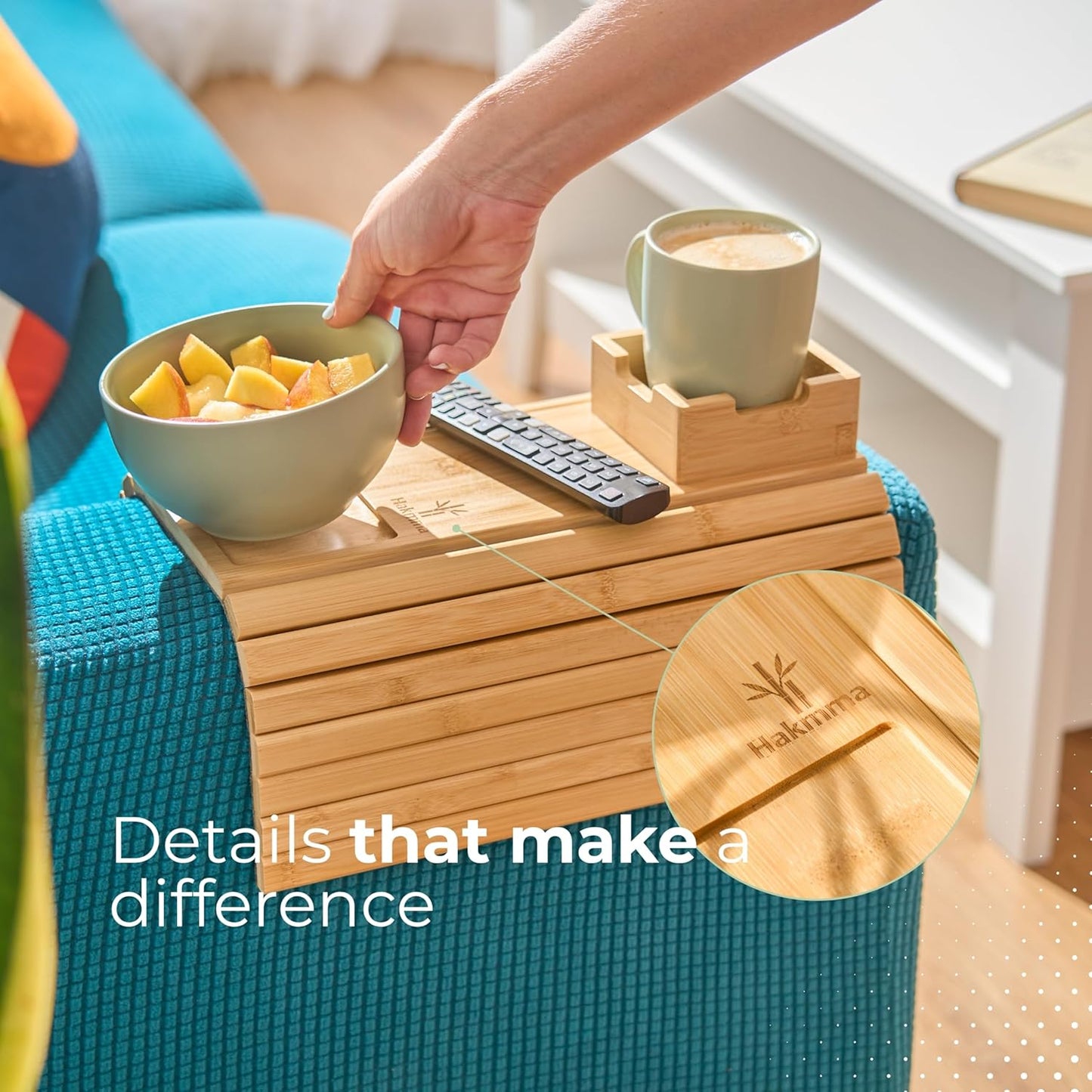 Bamboo Couch Cup Holder – Eco-Friendly Sofa Arm Tray Table with Cup Holder for Coffee, Snacks & Phone – Foldable Bamboo Couch Arm Table, Anti-Slip Armrest Tray for Couch