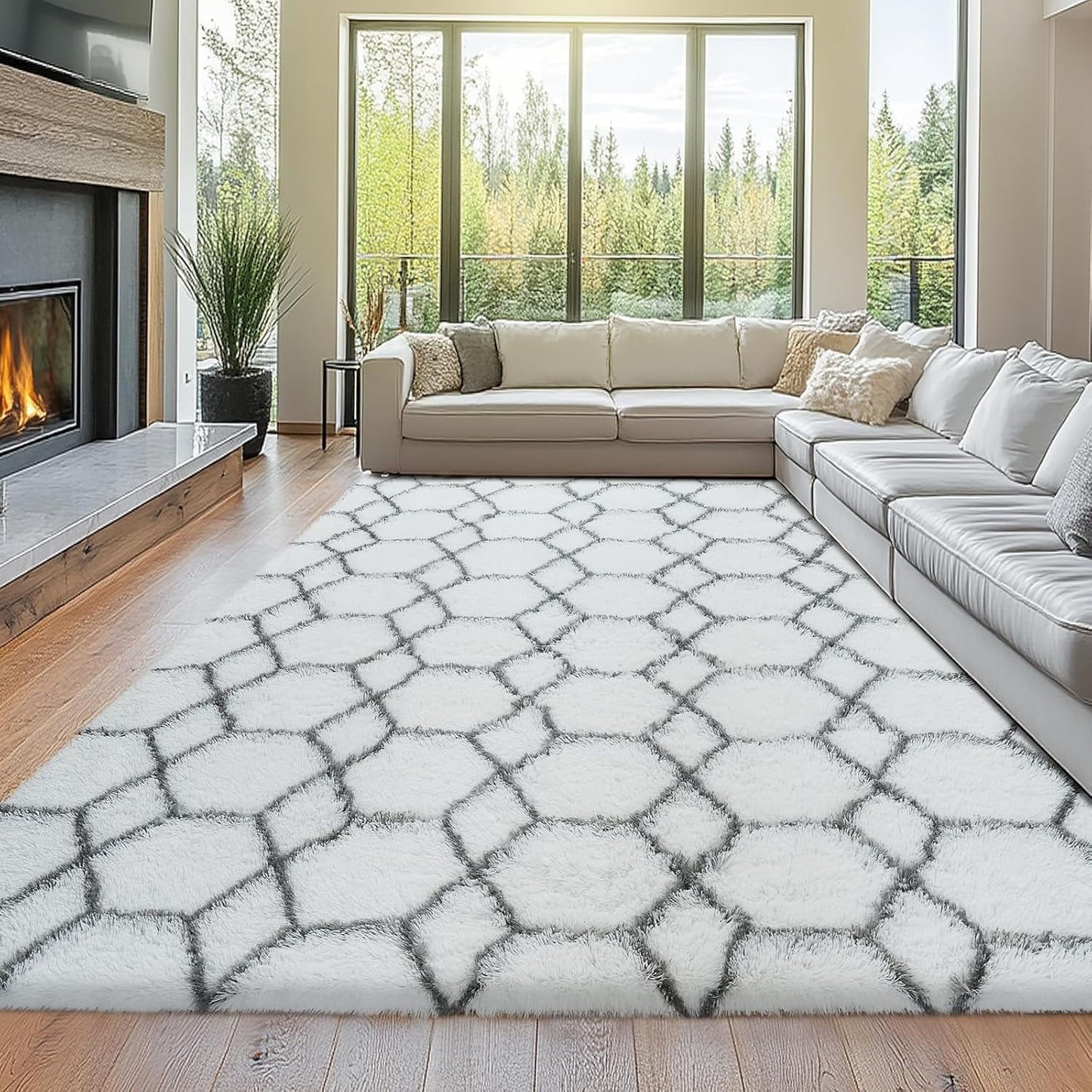 Fluffy Area Rugs for Living Room: White and Grey Geometric Fluffy Rug- 8x10 Feet Geometric Large Soft Plush Shaggy Rug- Fuzzy Shag for Living Room, Bedroom (White/Grey, 8x10Feet)
