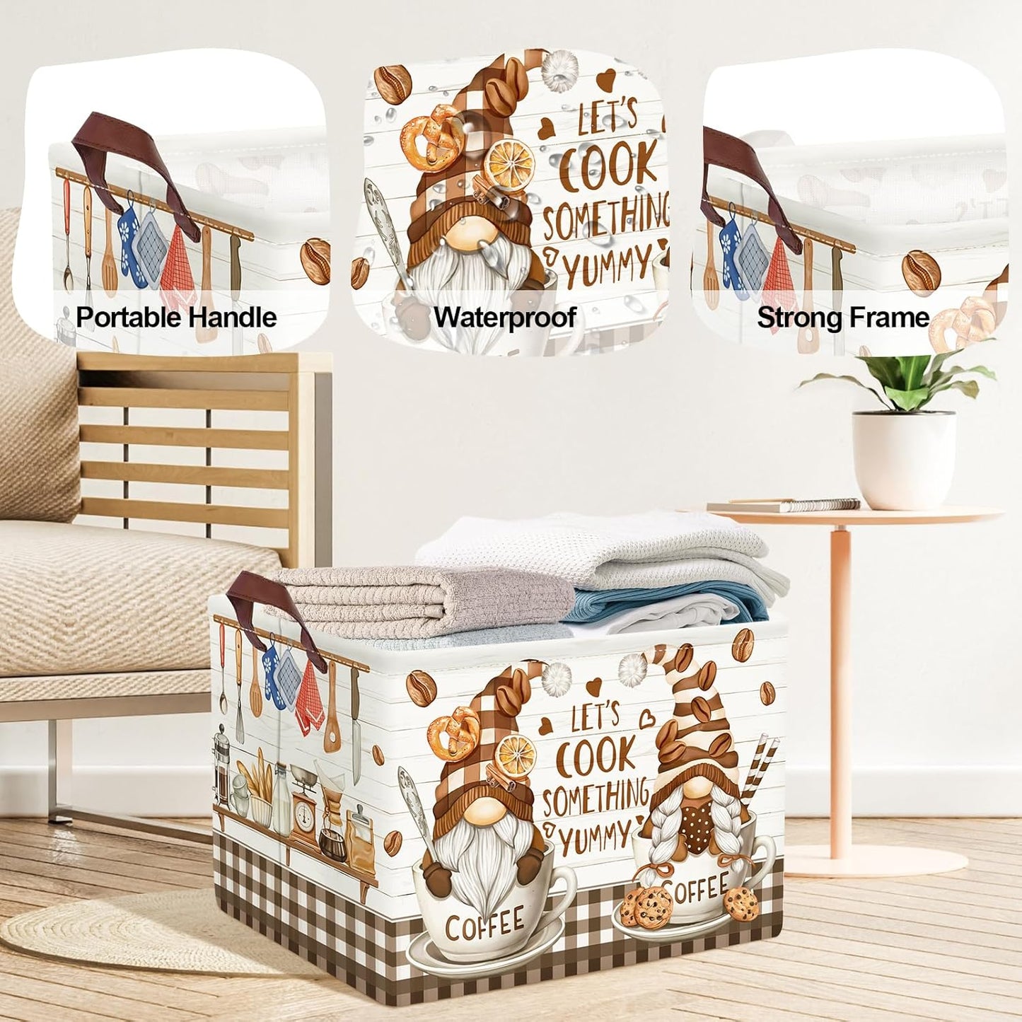 Kitchen Decor Tools Kid Storage Basket Collapsible Clothes Baby Nursery Hamper Large Book Shelf Basket Boy Girl Toy Box Bin, Gnome Coffee, 36L