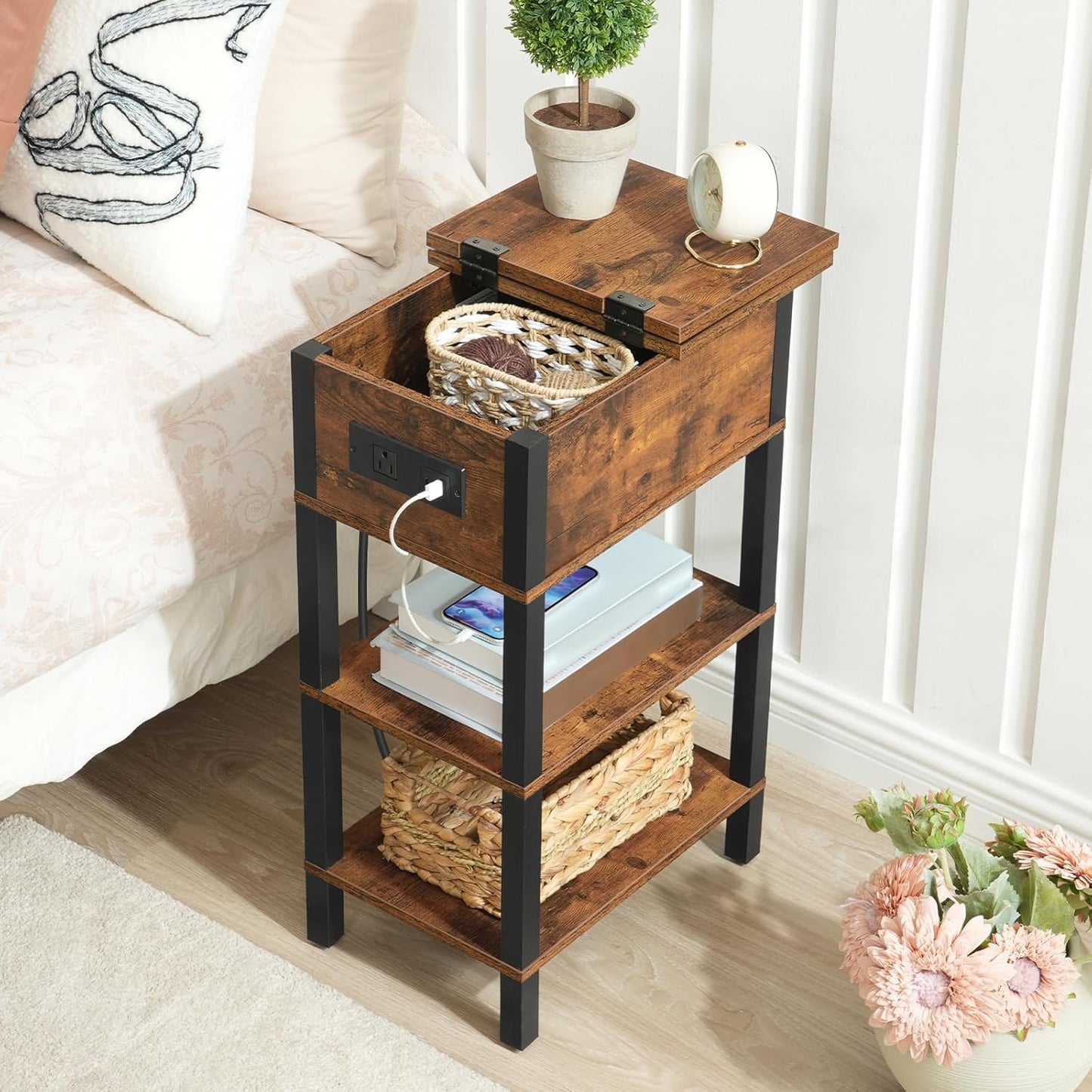 HOOBRO End Table with Charging Station, Flip Top Side Table with USB Ports, Narrow Nightstand Bedside Tables with Storage Shelves, for Small Space, Living Room, Rustic Brown and Black BF141UBZ01