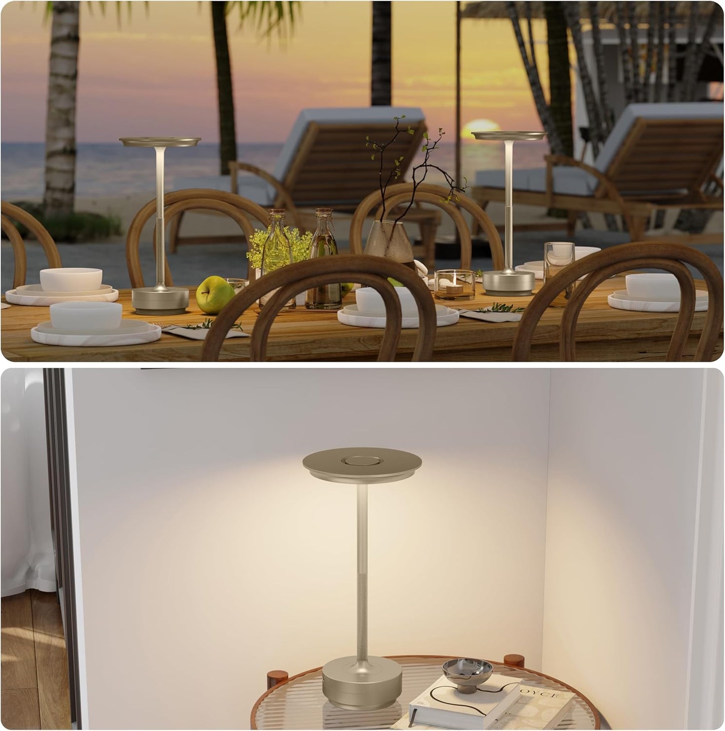 1 Pack Rechargeable Table Lamps Cordless, Portable 5000mAh Outdoor Table Light, 3 Color Stepless Dimming LED Table Lamp with Memory Function, for Home/Dinner/Patio/Restaurant.(Champagne Gold)