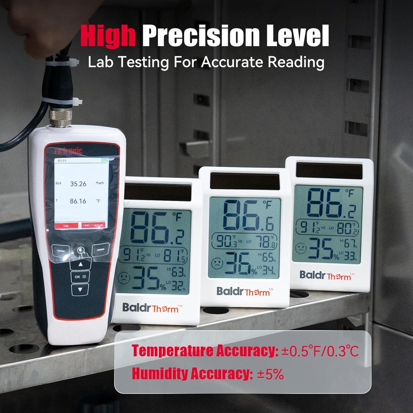 BaldrTherm Room Thermometer Indoor Humidity Meter, Solar-Powered 3.2'' Digital Temperature Sensor Monitor with Max/Min Reading, Comfort Indicator for Baby Room, Home, Office, White, 3Pack