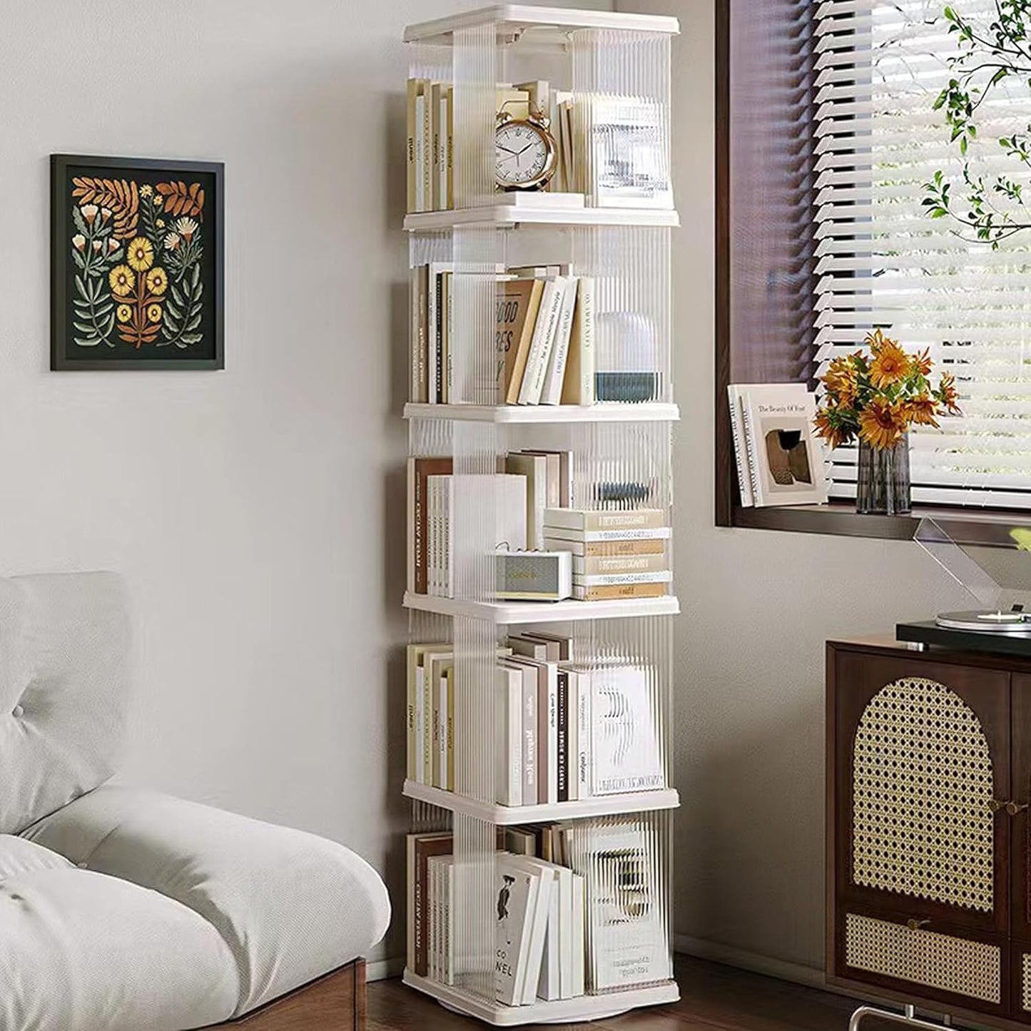 Rotating Bookshelf Tower,360° Rotating Bookshelf,66 inch High Small Space Revolving Bookcase, Suitable for Spinning Bookshelf Tower in Home and Office (White, 5 Tier, 14x14x66)