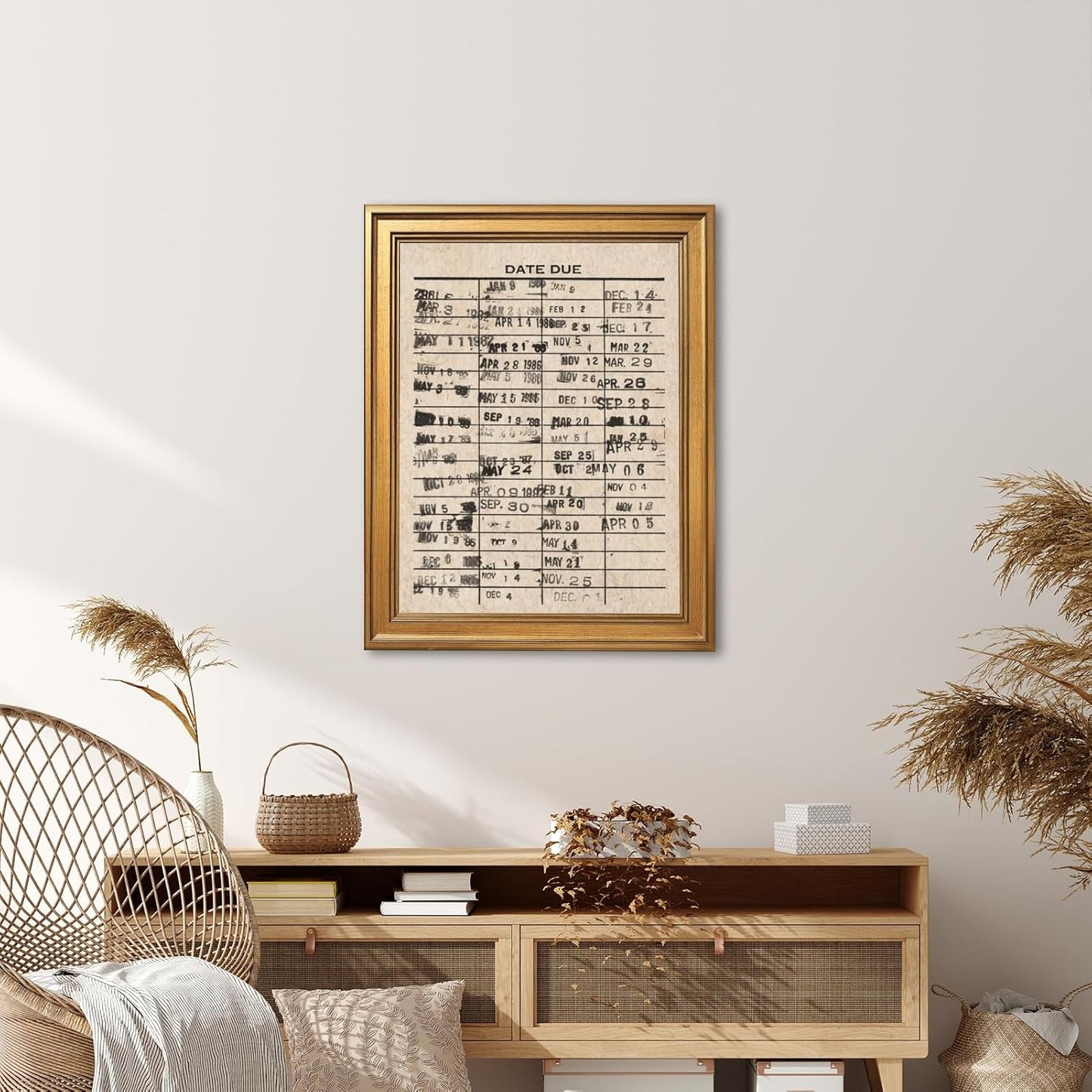 Framed Vintage Library Date Due Wall Art Retro Book Stamp Poster Reading Nook Art Print Nostalgic Booklish Canvas Painting Literary Card Wall Hanging Aesthetic Home Decor 12x16inch