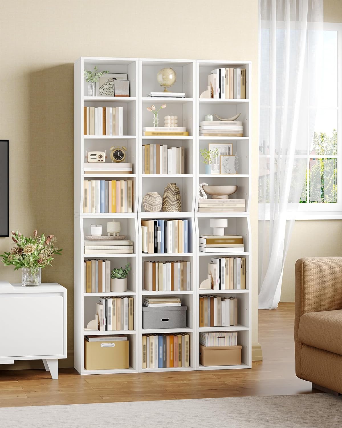 Bookcase, Narrow Tall Bookshelf, 8-Tier Skinny Shelf, Tall Cube Storage Organizer with Adjustable Shelves, CD Shelf, Display Bookshelf for Living Room, Home Office, Bedroom, White BC99803X
