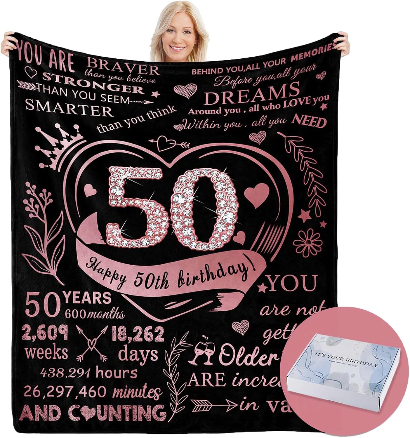50th Birthday Blanket Gifts for Women with Gift Box, Gifts for Women Turning 50, Happy 50th Birthday Gift Ideas for Her, 50th Birthday Decorations Throw Blanket 60"x50"
