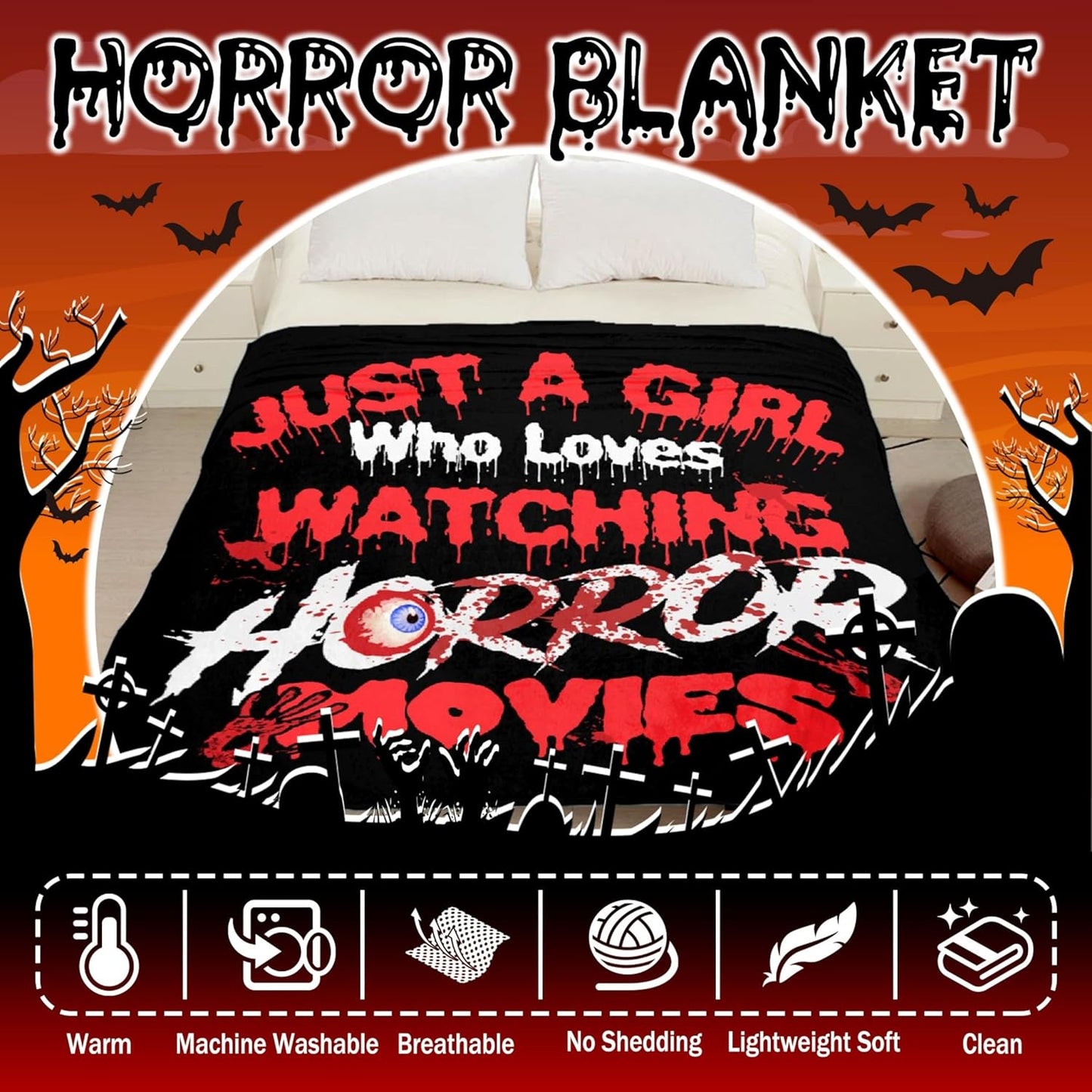 Horror Blanket Just Girl Who Loves Watching Horror Movies Blankets, for Girl, Lightweight Plush Flannel Throw for Girls Bed, Unique Birthday Gifts for Her,60 in x 50 in for Girls Teens
