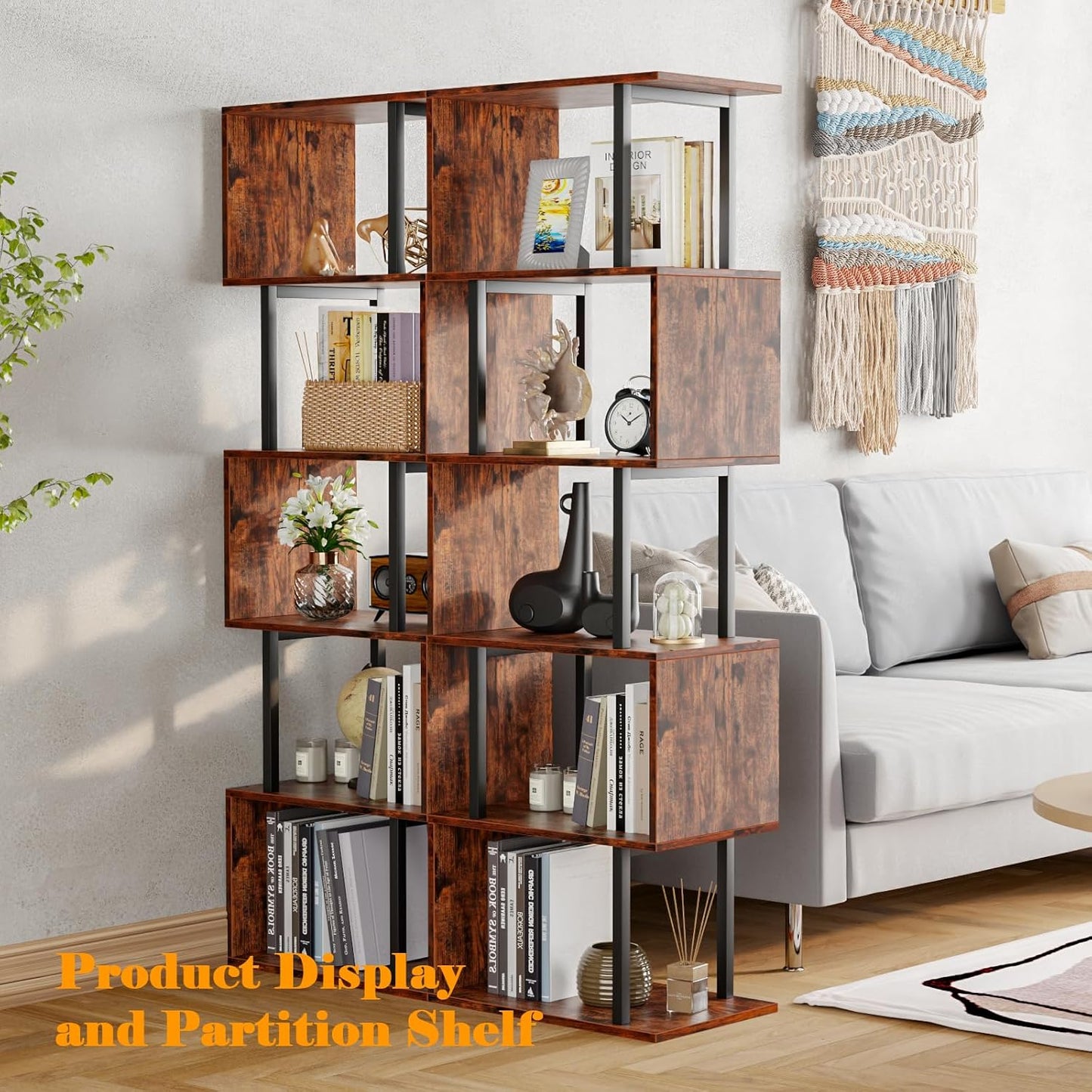 Furologee 6 Tier Bookshelf, Tall S Shaped Geometric Bookcase, Modern Display Shelf Standing Unit, Wood Metal Decorative Divider Rack for Living Room Bedroom Office, Rustic Brown | Tall, Bookcase, Display, Book Shelf, Decorative, Bookshelves