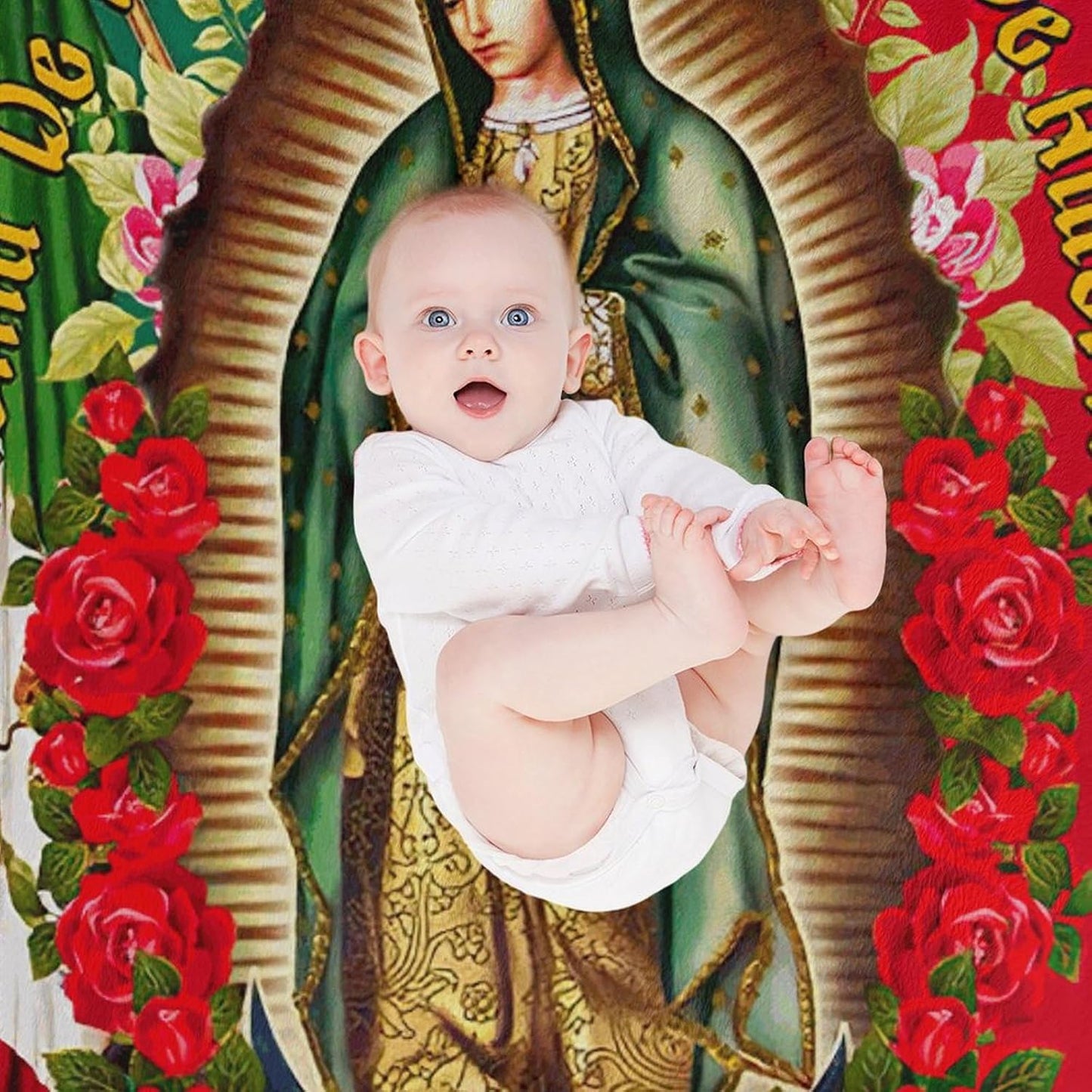 Christmas Throw Blanket for Couch Virgen De Guadalupe Our Lady of Virgin Mary Mexican Flag Elements Lightweight Blankets for Sofa, Bed Cozy Microfiber Blanket 40"x60"