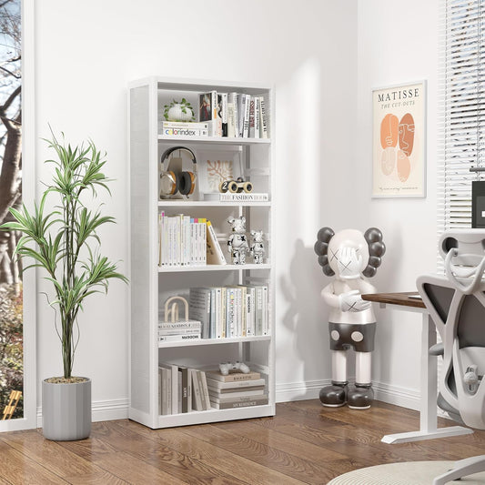 [Heavy Duty] Metal 5 Tier Bookshelf, 68" Tall Bookcase, Large Open Storage Shelf, Floor Standing Bookshelves and Bookcases for Home Office, Library, Living Room, Bedroom, White, Assemble Required