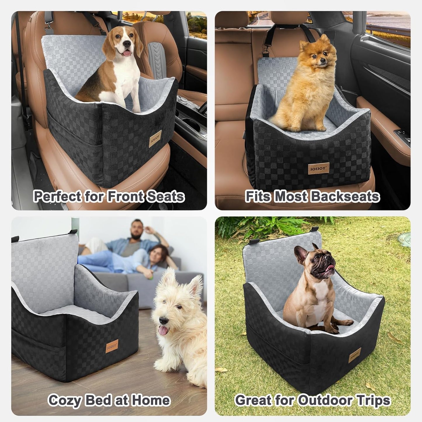 JOEJOY Elevated Dog Car Seat for Small/Medium Dogs up to 35 lbs, Memory Foam Booster Seat with Detachable Washable Cover, Travel-Safe Car Bed with Safety Belts & Storage Pockets, Grey