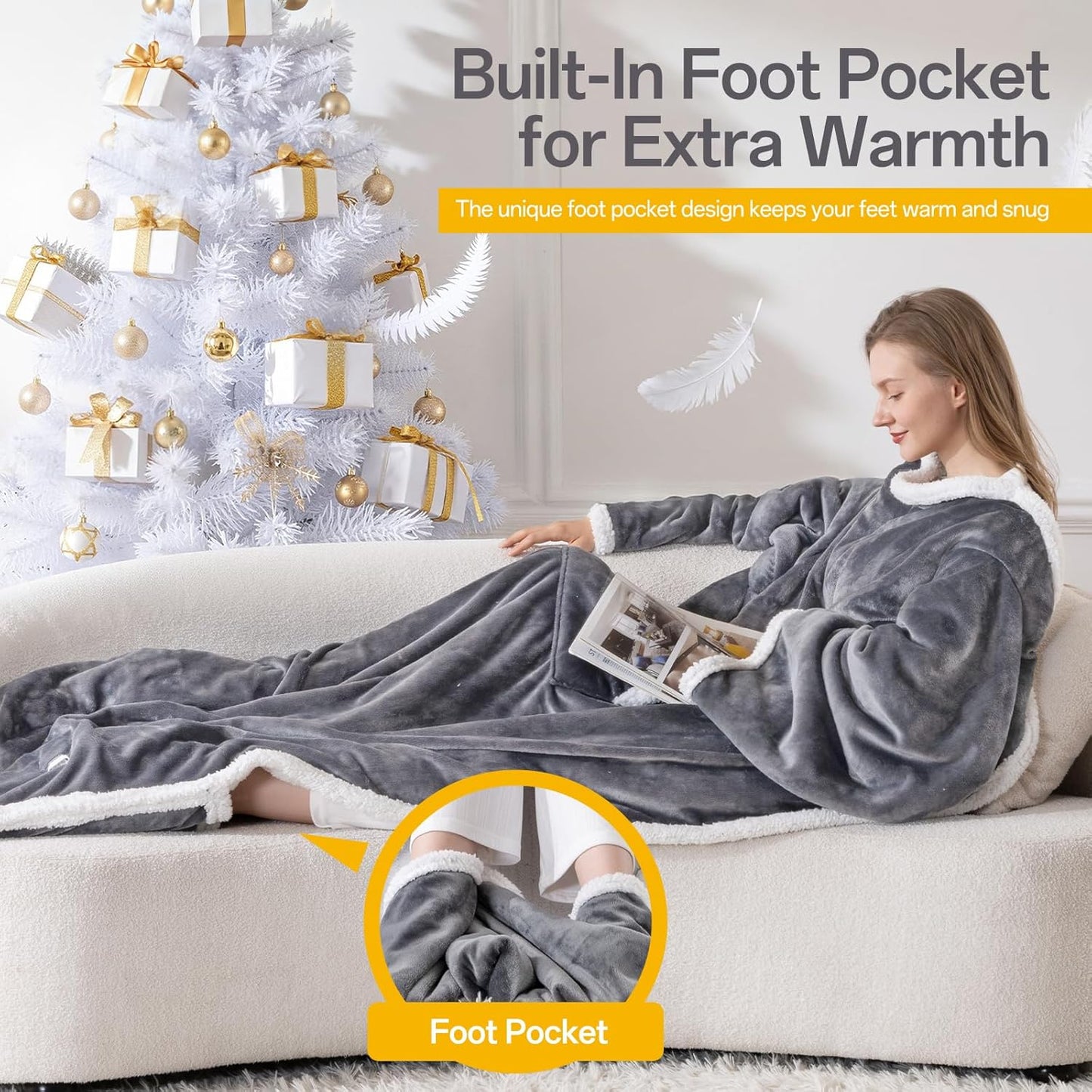 Wearable Electric Blanket Heated Throw, 52" x 72" Fast Heating Wrap Poncho Shawl with Foot Pocket & Sleeves, 6 Heat Levels & 12 Hours Auto Shut-Off, Machine Washable, ETL & FCC Certified, Grey