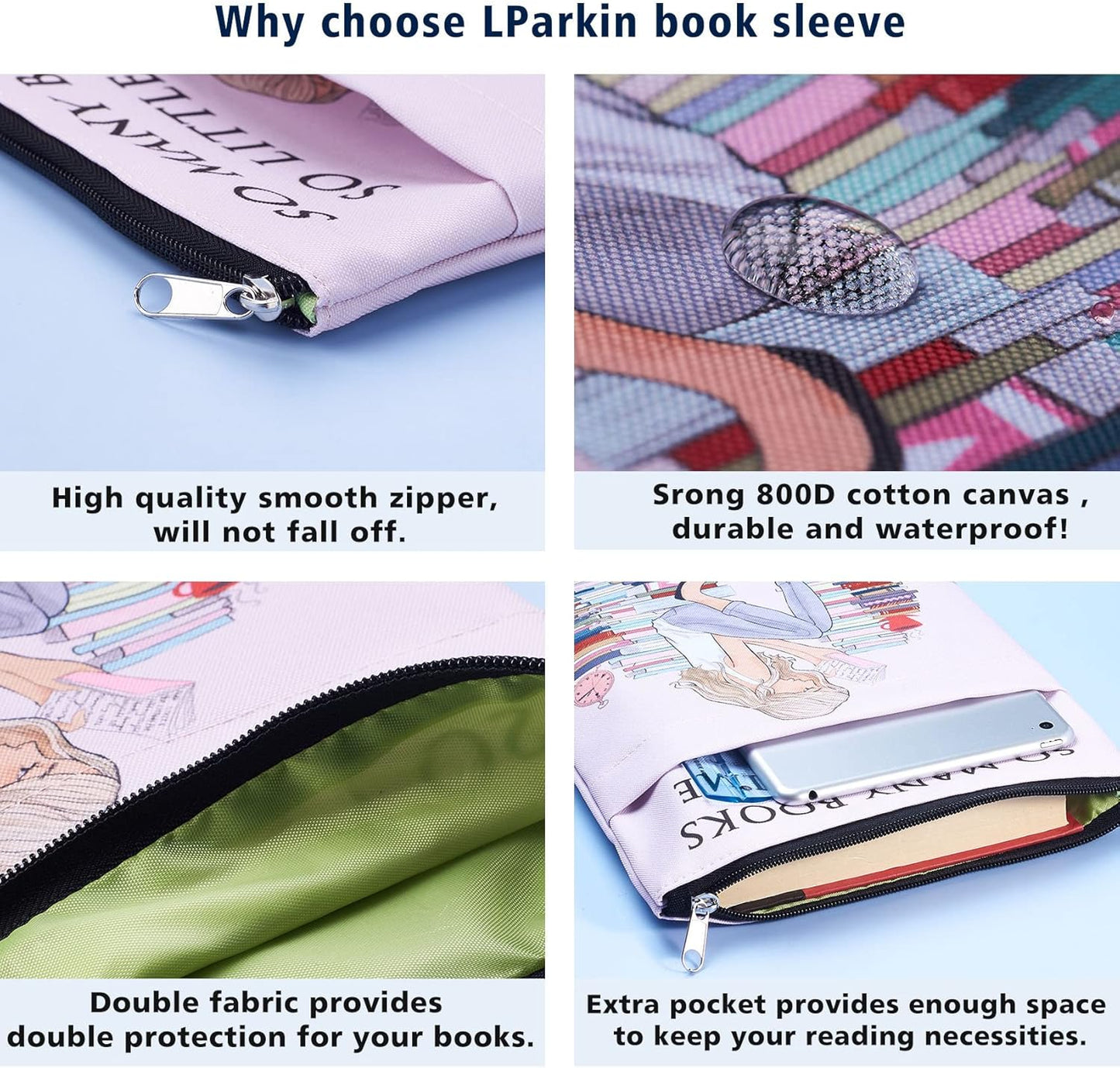 So Many Books So Little Time Book Sleeve with Zipper, Book Covers for Paperbacks, 11 X 8.5 Inch, Bookish Gift for Girl