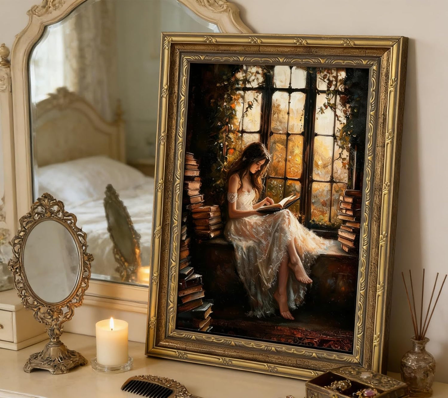 Gold Framed Canvas Wall Art, Vintage Woman Reading Book Painting Picture Wall Decor, Dark Victorian Preppy Poster Print Artwork for Bedroom, Living Room, Study Office, Home Decoration 9x11inch