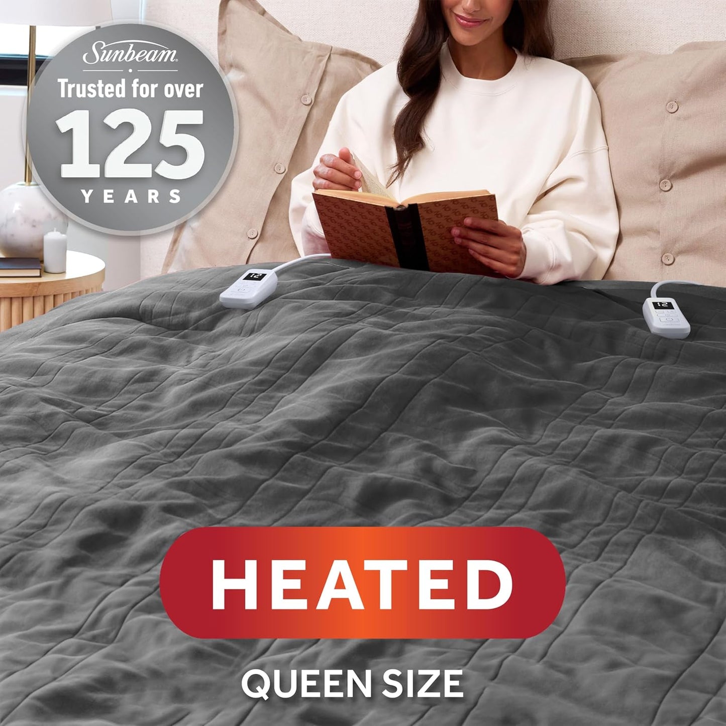 Sunbeam Royal Posh Velvet Heated Electric Blanket Queen Size, 90" x 84", 12 Heat Settings, 12-Hour Selectable Auto Shut-Off, Fast Heating, Machine Washable, Warm and Cozy, Night Fog
