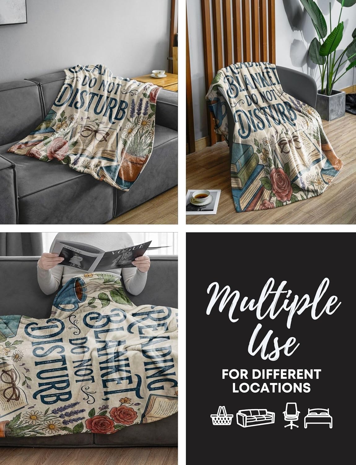 Book Lover Gifts for Women, Bookworm Reading Gift Throw Blanket for Birthday, Christmas, Beige, 50 x 65 Inches