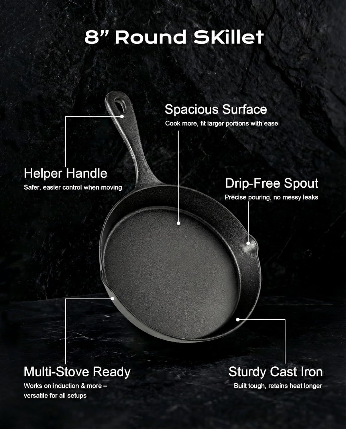 Cast Iron Skillets, 8 Inch Frying Pan with Teardrop Handle, Oven Safe, Durable Camping Cookware for Stove & Grill Use, Indoor/Outdoor