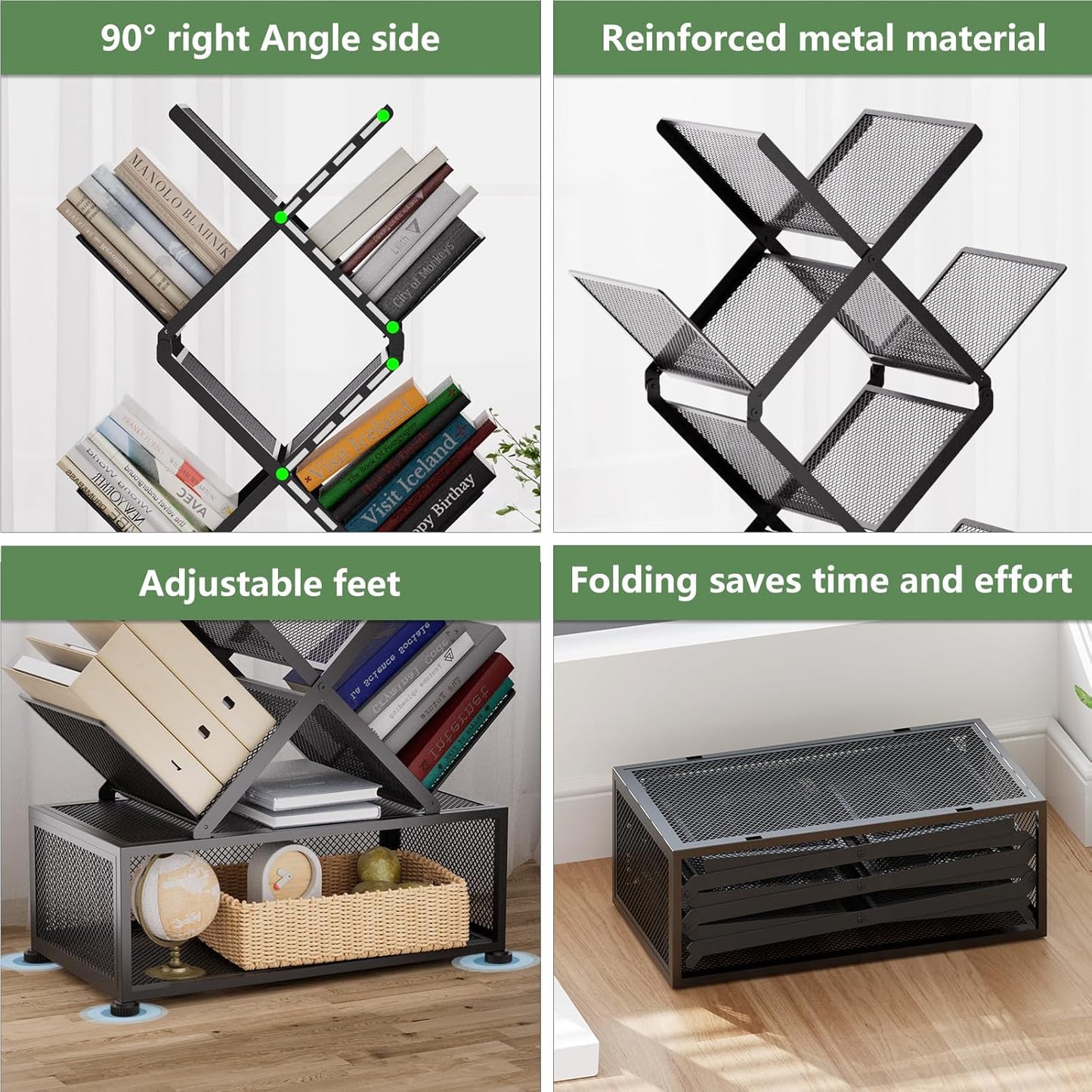 Gintan 9-Tier Space Saving Book Shelf with Storage,Bedroom Shelves Folding Bookshelves,No Installation Required Shelf Tree Metal Bookshelf for Living Room,Study,Home Office,Bed Room (Black)