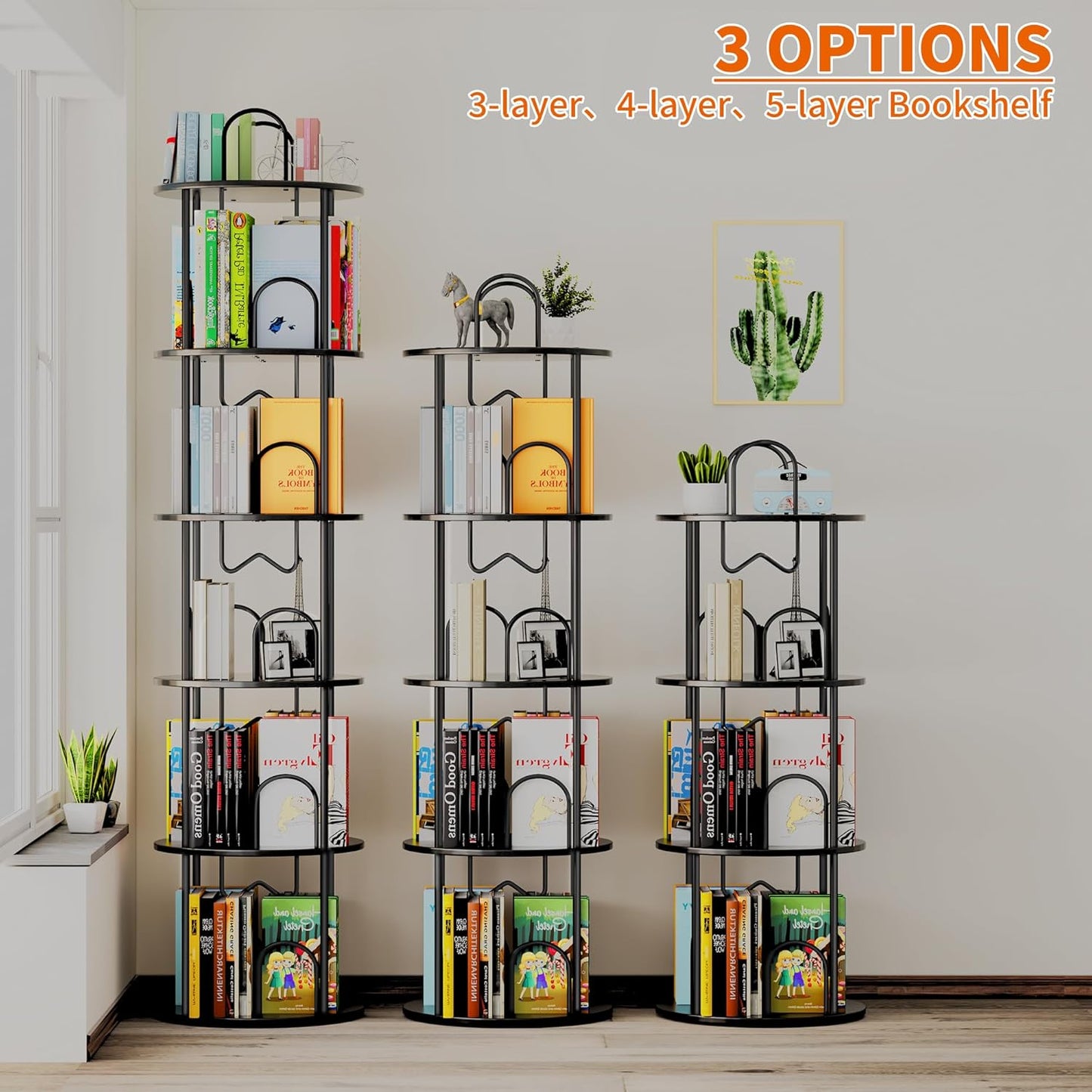 5 Tier Rotating Bookshelf, 360° Spinning Bookshelf Tower, Narrow Corner Book Shelf, Revolving Bookcase Corner Tall Book Shelf for Small Spaces, Bedroom, Living Room, Black