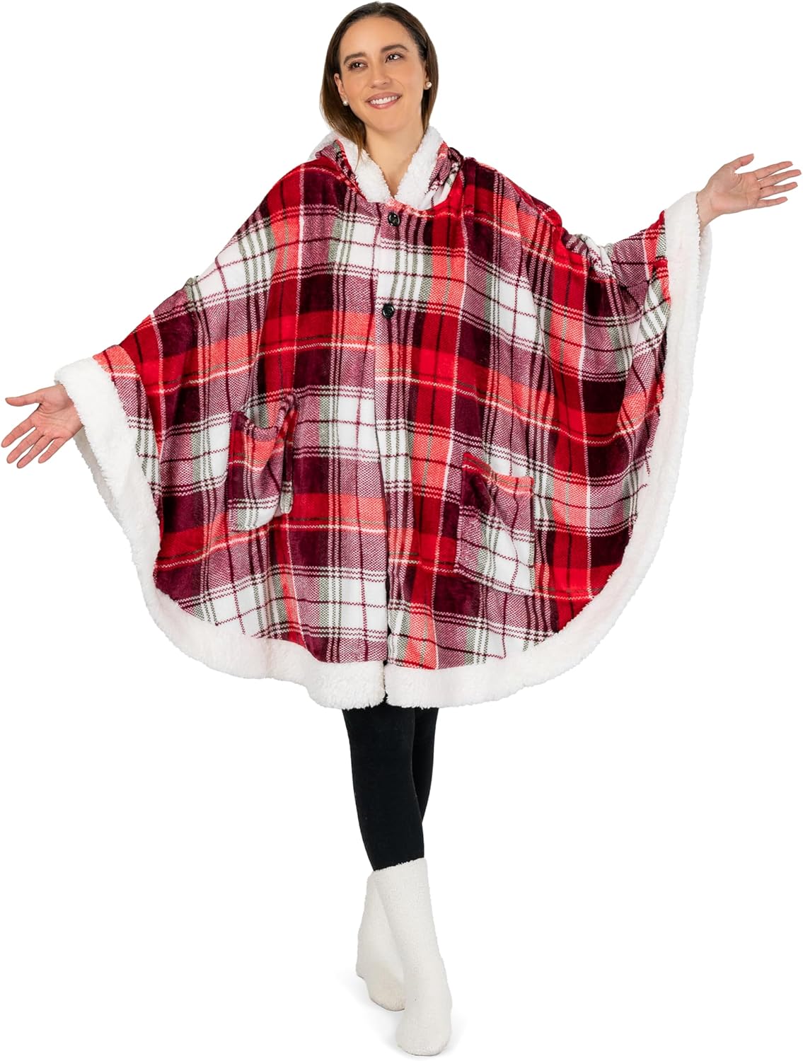 PAVILIA Sherpa Fleece Wearable Blanket for Adult Women, Cozy Plush Blanket Poncho Cape with Hood, Super Soft Shawl, Angel Wrap Throw for Office, Tartan Plaid
