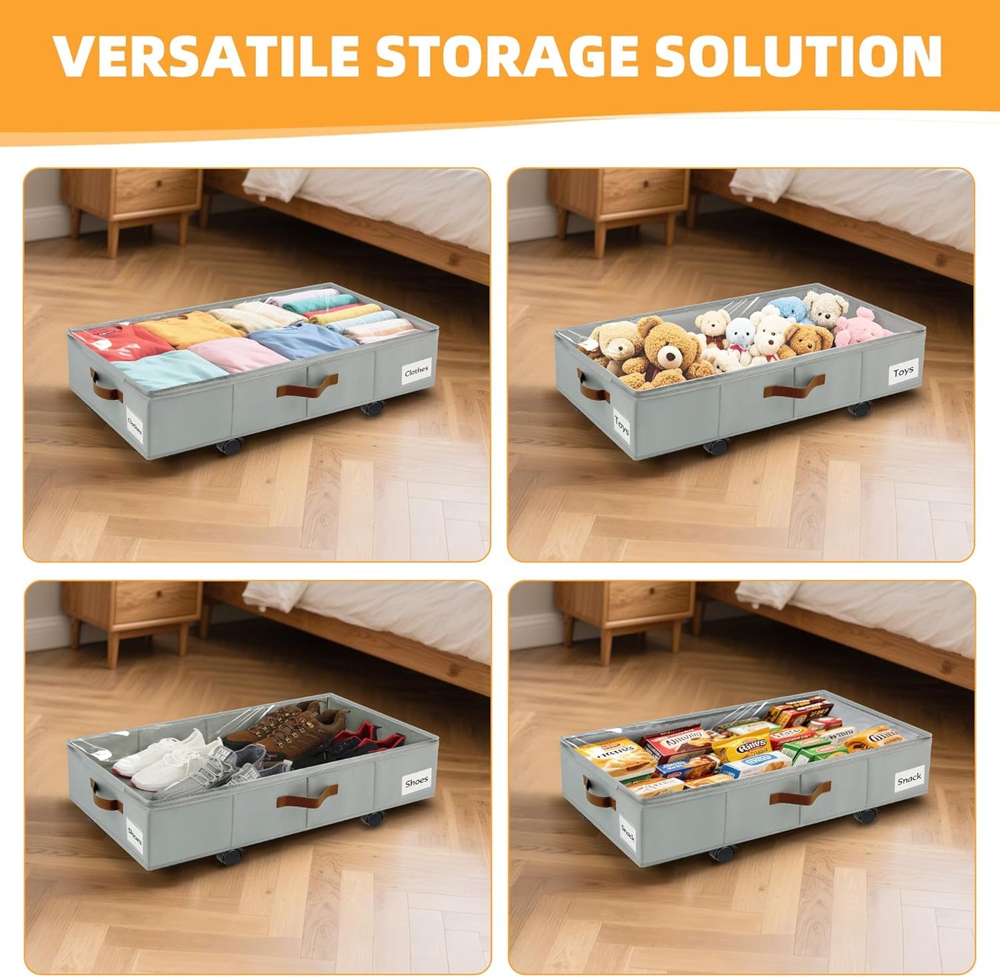 2 Pack Under Bed Storage with Wheels – 30.5×17×5.5 Inch, Underbed Storage with Sturdy Sidewalls/Bottom, Clear Cover, Label and PU Handle, Rolling Under Bed Drawers for Clothes, Shoes, Toys, Blankets