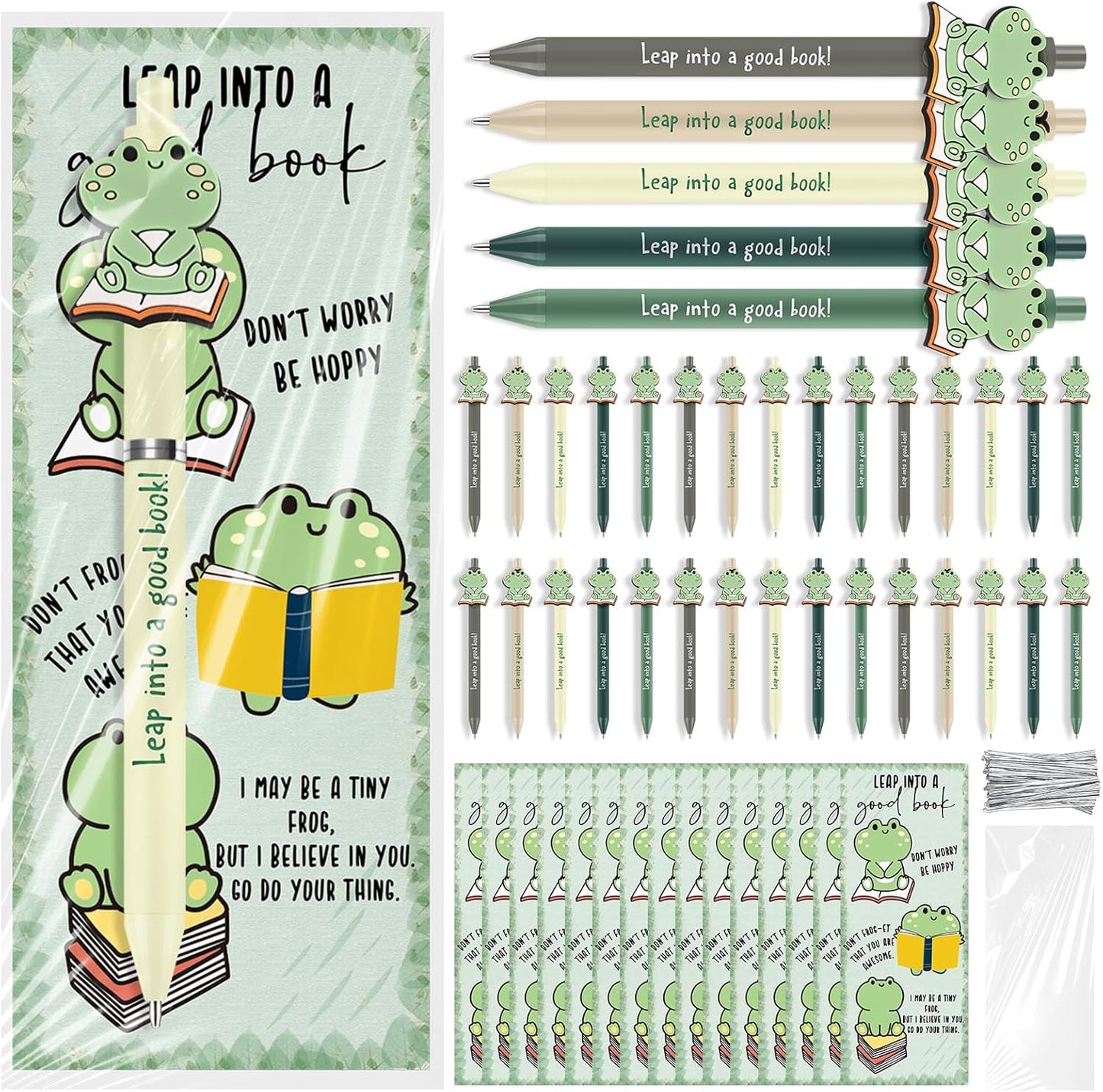 30 Sets Book Lovers Gifts Bulk Frog Pens with Inspirational Bookmarks School Librarian Appreciation Gifts Book Club Reading Party Favors for Women Men Bookish Librarians Teachers