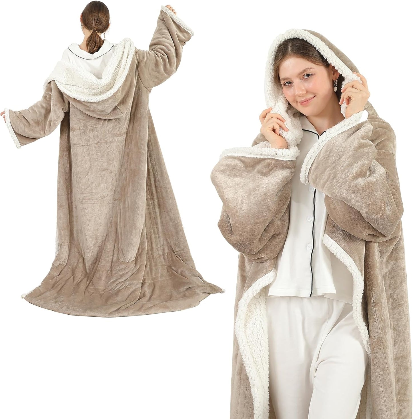 Electric Snuggle Throw Blankets with Foot Pocket, Wearable Heated Throw with Sleeves & Hood, 6 Heat Levels & 1-4H Timer, Full Body Warmth, The Perfect Warming Gift for Women & Men, Camel