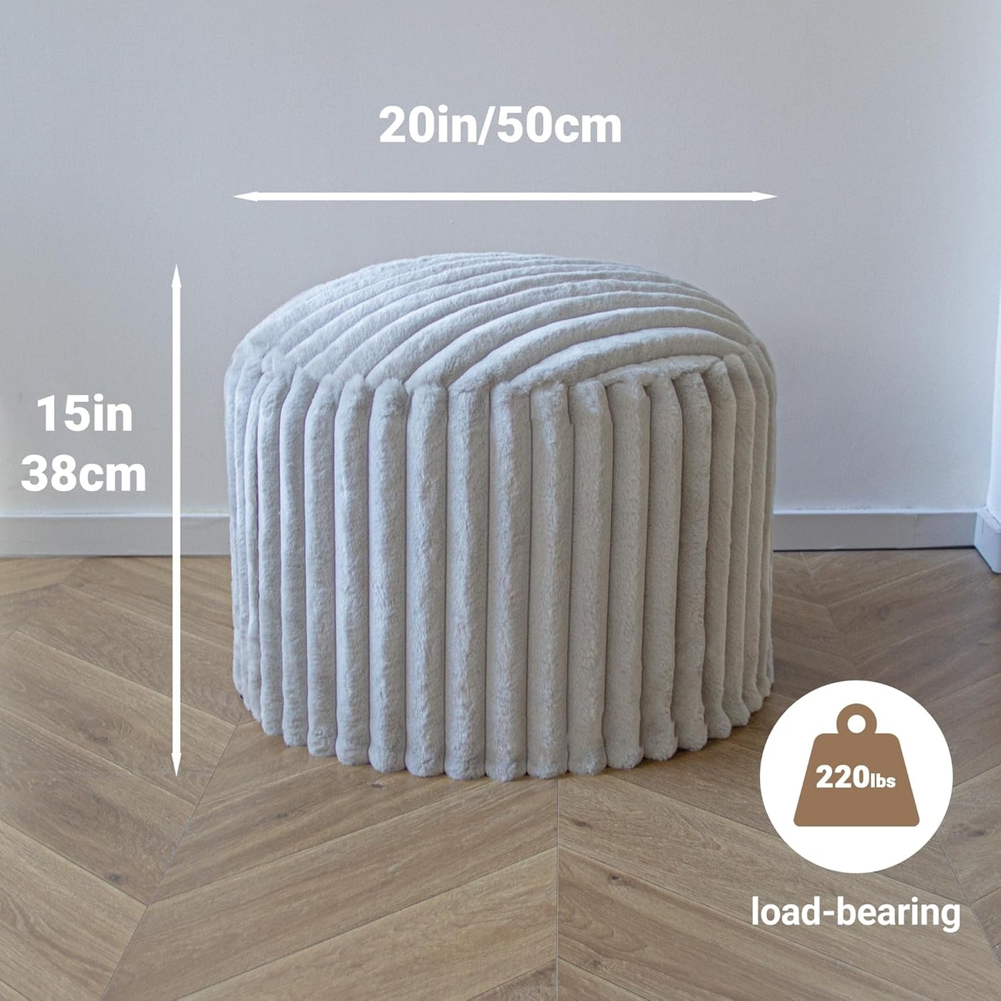 Round Stuffed Pouf Ottoman, Stripe Faux Fur Footrest with Dual Layer Comfort, Removable Washable Cover, 20" Plush Floor Pouf for Living Room Bedroom Dorm Vanity Chair Under Desk, Gray