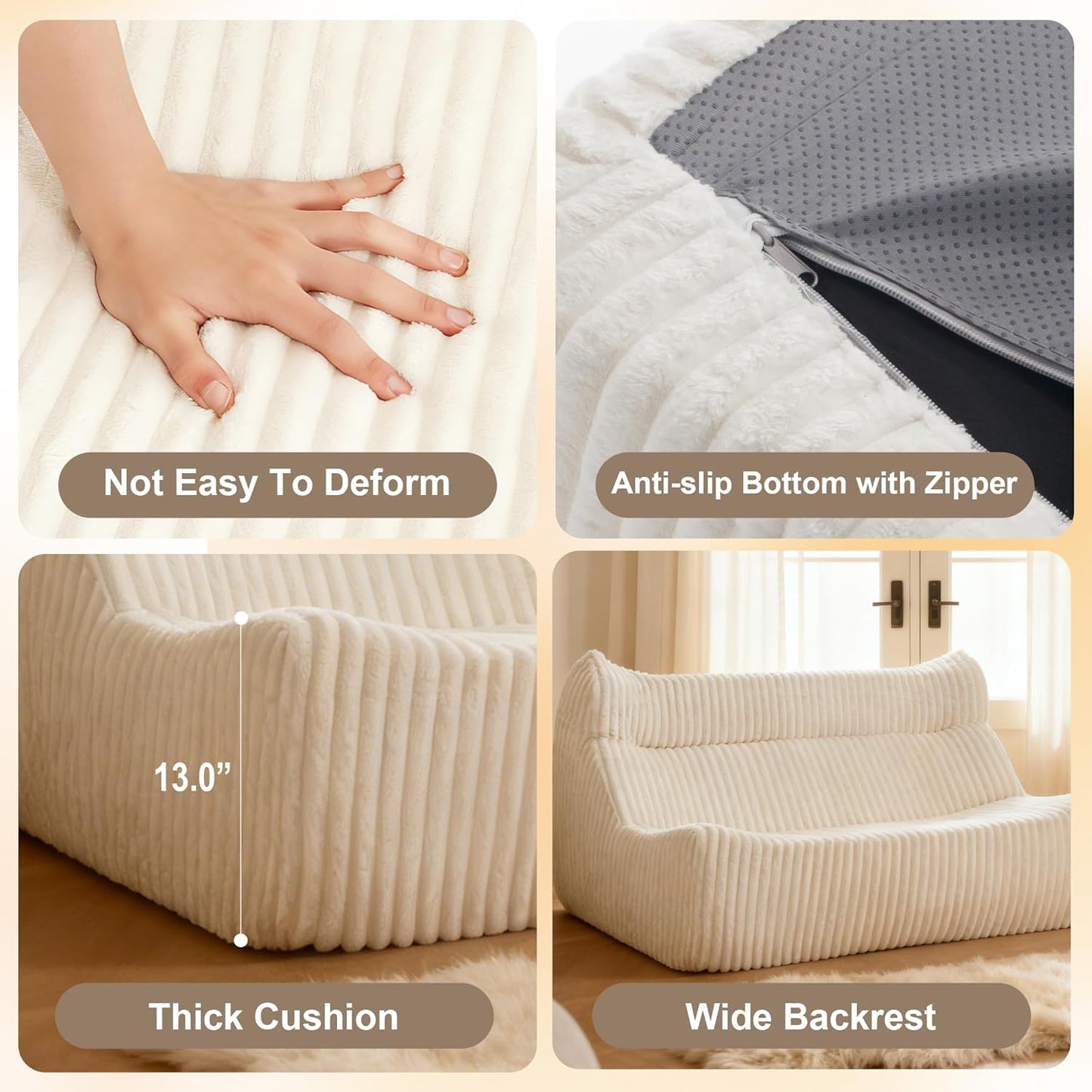 Bean Bag Chairs for Adults, Giant Bean Bag Chair, Memory Foam Lounge Chair, Comfy Lazy Floor Chair, Bean Bag Sofa for Living Room, Bedroom and Office, Loveseat Bean Bag (White)