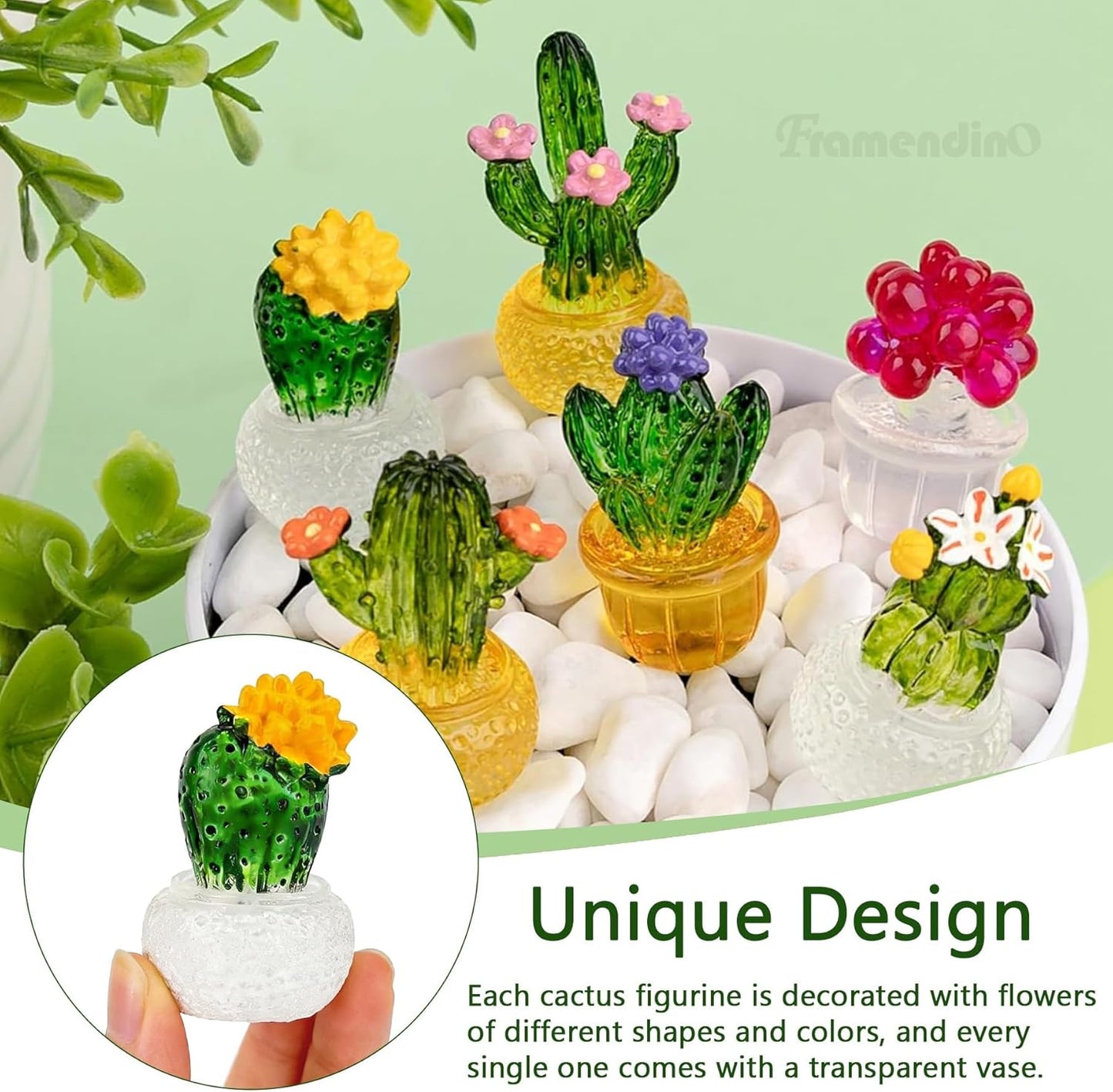 Framendino, 12 Pack Miniature Cactus Figurines Mini Resin Succulent Set Glass Sculpture for Car Interiors Desktop Home Decorations