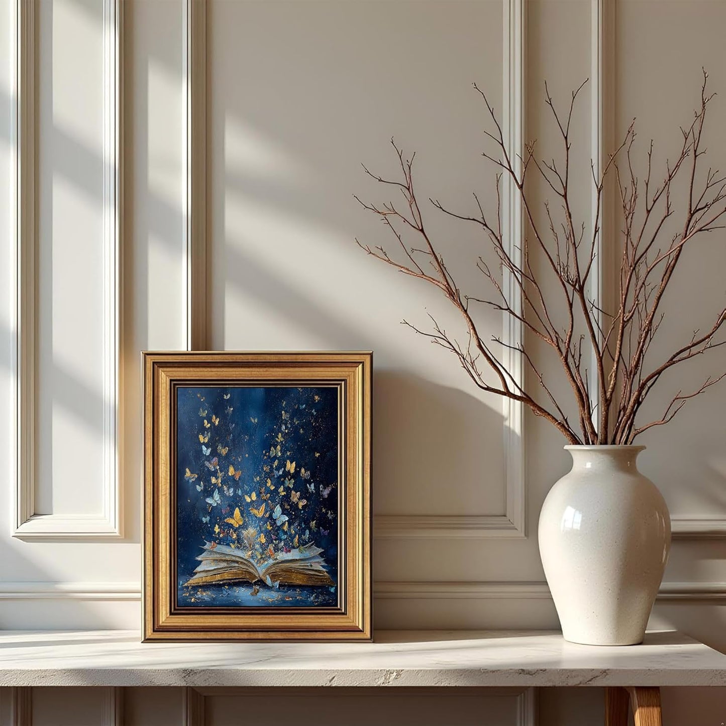 Dougepce 3D Texture Oil Painting,Vintage Gold Framed Wall Art, Classical Bookish Butterfly Paintings,Moody Wall Decor Aesthetic Artwork,Butterfly Emerging From Book Canvas Prints Picture, 12" × 16"