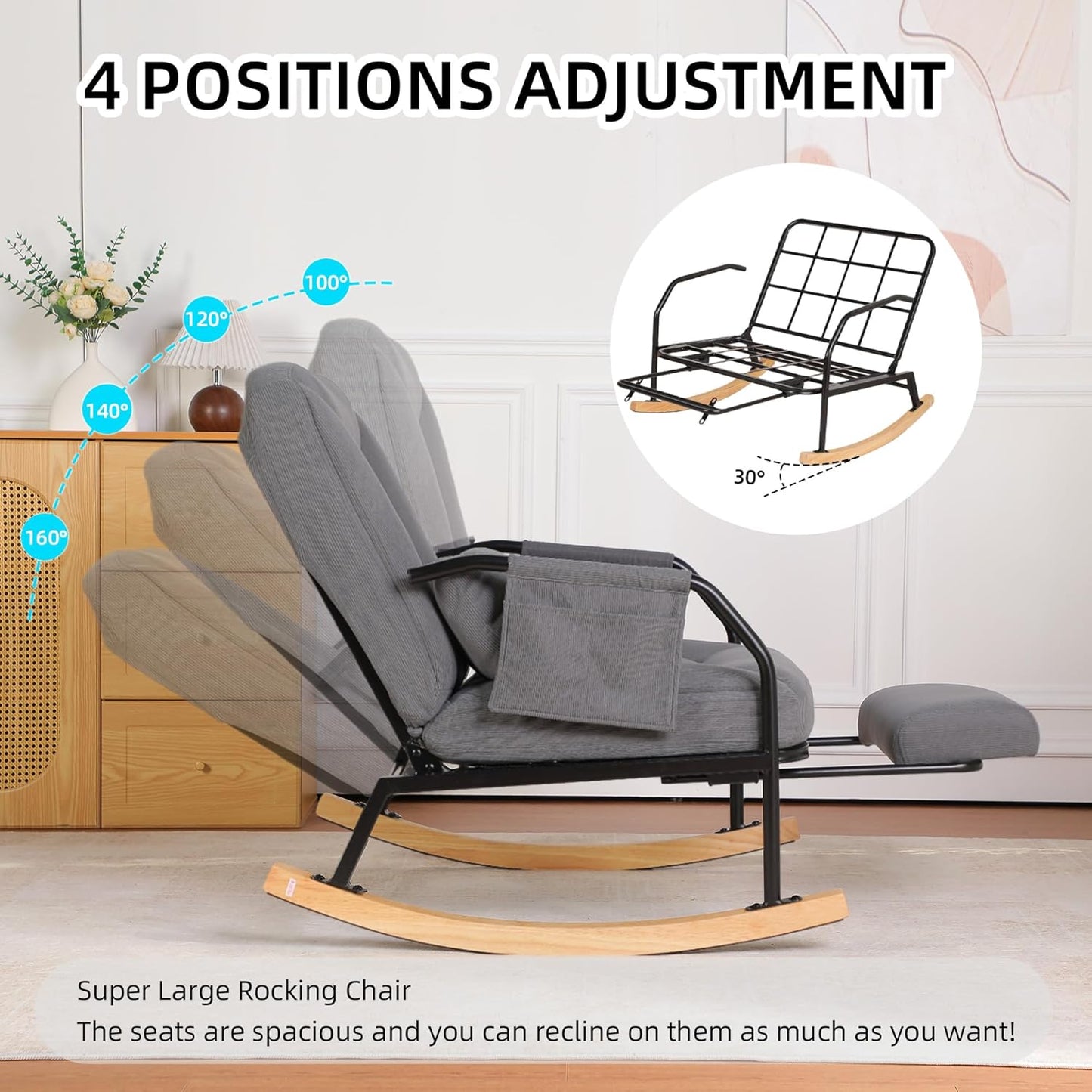 Oversized Reclining Rocking Chair with Foot Rest, 110°–160° Adjustable Backrest, Upholstered Armchair with Side Pocket for Nursery and Living Room, Grey