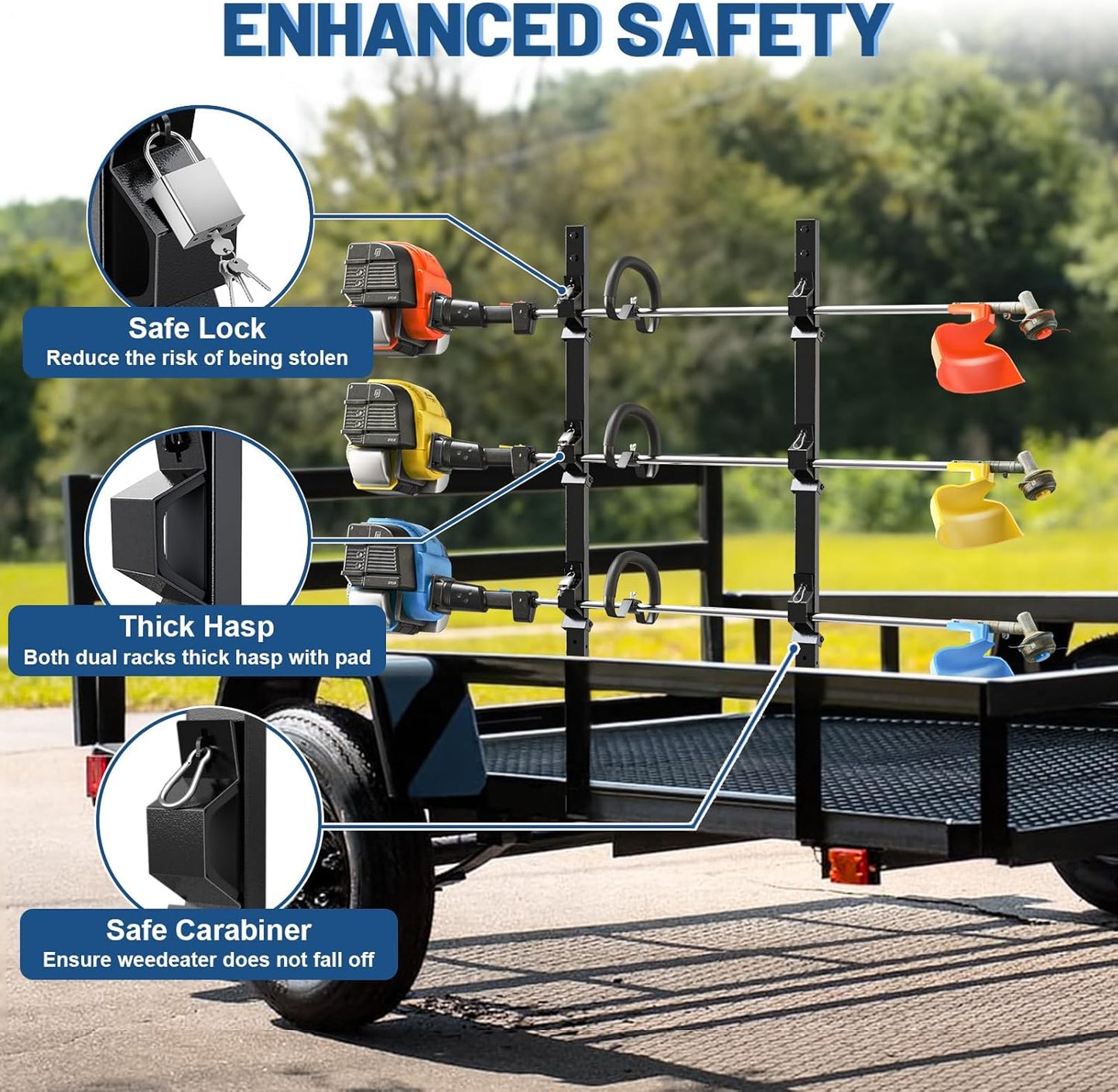 Weed Eater Rack for Enclosed Trailer with Locks, 3 Place Weedeater Rack for Open/Enclosed Trailers Spring Hasp Trimmer Rack 360° Sponge Pad Enclosed Trailer Accessories Lawn Care Equipment