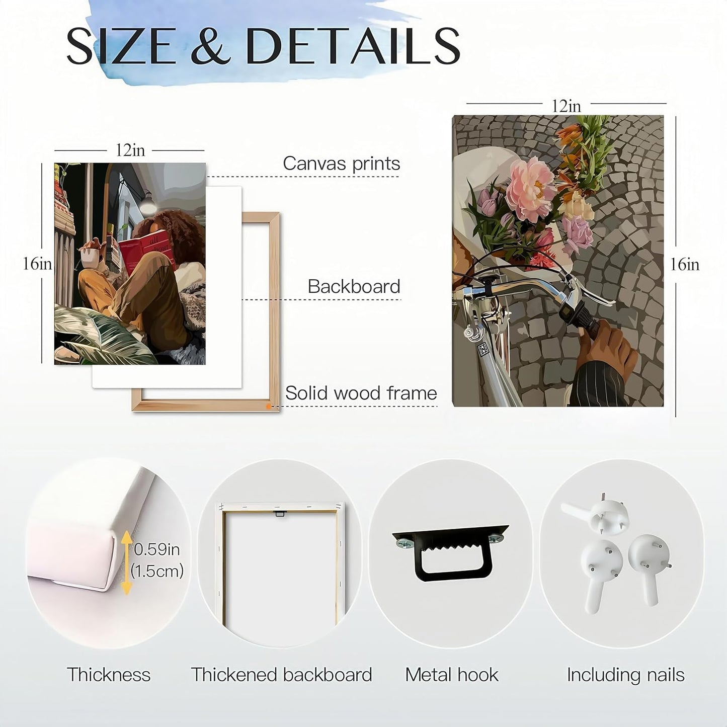 Modern African American Women Wall Art Set of 2,Cozy Reading & Bike Ride with Flowers Painting Canvas Prints,black woman Vintage Aesthetic Poster for Living Room, Bedroom, Office， Framed 12X16in