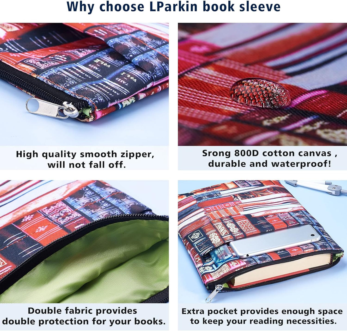 LParkin Classic Bookcase Book Sleeve Cover, Book Protector with Zipper for Paperbacks, Medium 11 X 8.5 Inch,Book Pouch Book Lovers Gift