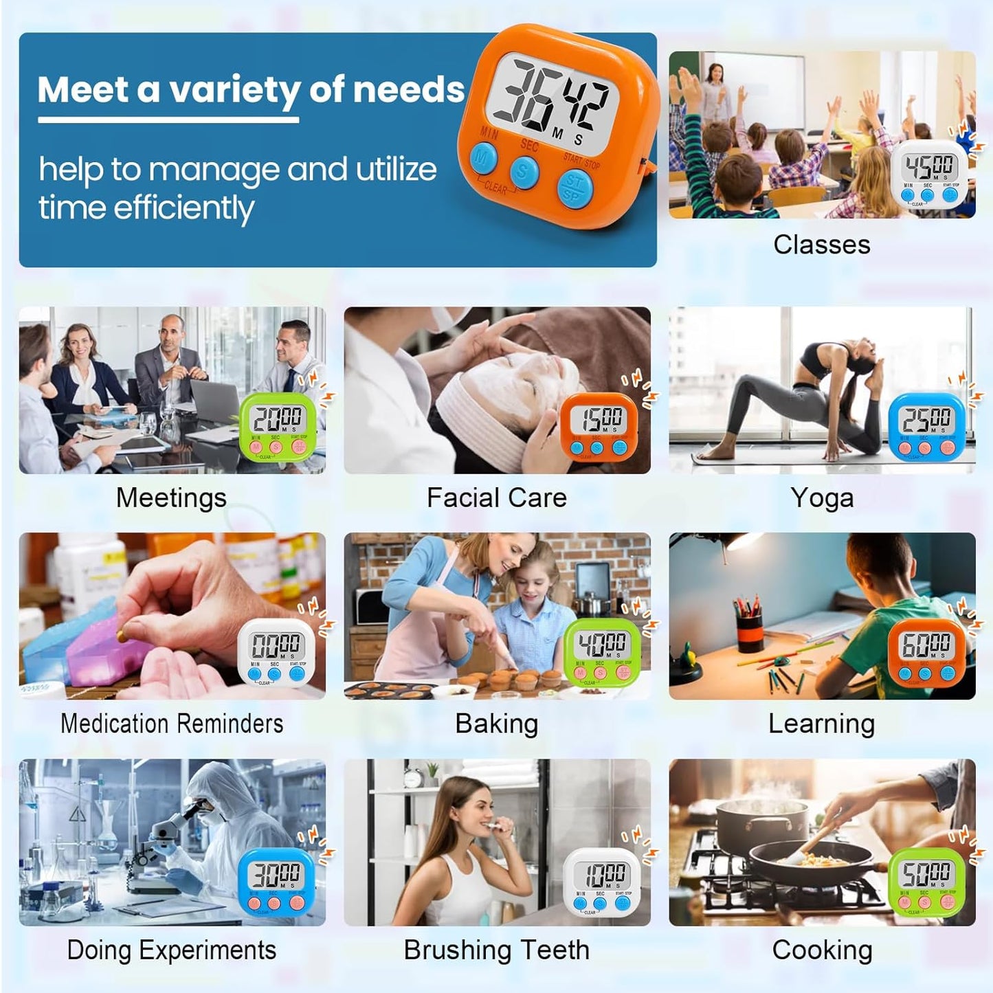 12 Pack Multi-Function Digital Timers, Magnetic Large LCD Display Loud Alarm Countdown Timers, Extensively Use in Classroom, Break Time, Gym, Meeting, Cooking