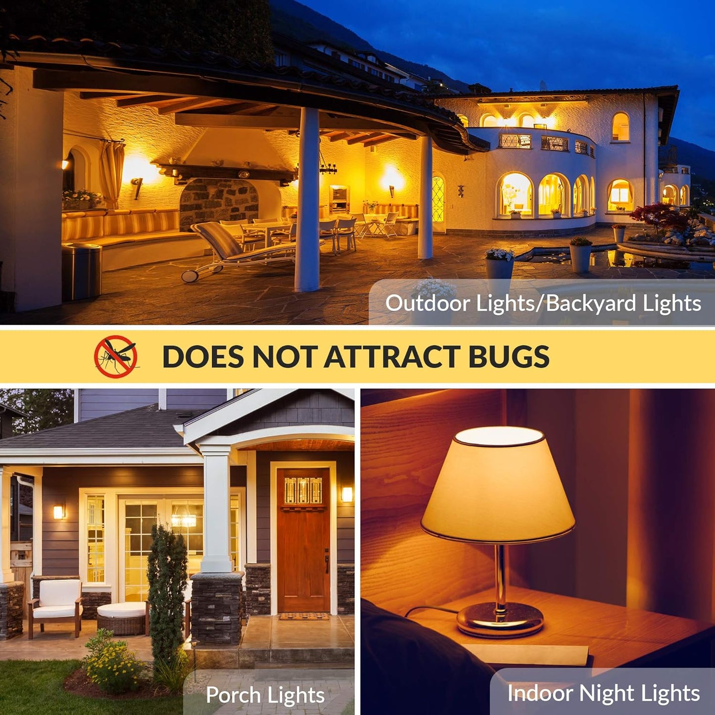 Simba Lighting Bug Non-Attracting Yellow LED Bulb 6W 40W Equivalent, Great for Outdoor Porch Light, Night Light, Dusk-to-Dawn Smart Sensor Auto On/Off, Amber Warm Light, A19 E26 Medium Base, Pack of 2