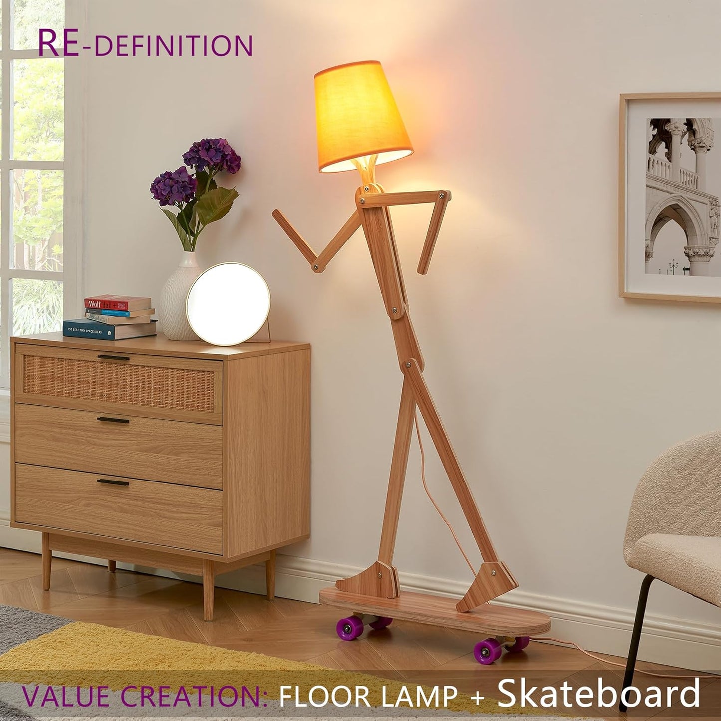 Unique Wood Floor Lamp with Skateboard Base for Living Room Bedroom Kids Bedside - Decorative Corner Reading Swing Arm Standing Light for Office Farmhouse Home - LED Bulb Included - Ash Plywood
