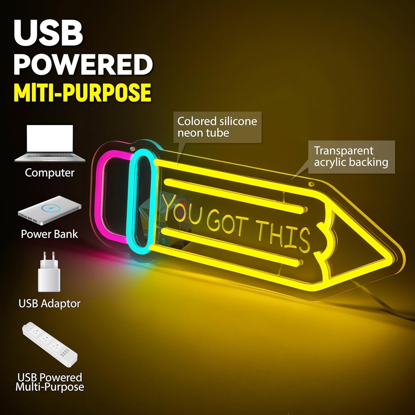 Pencil Neon Sign Dimmable Motivational Led Neon Light for Wall Decor USB Powered LED Sign for Inspirational Classroom Office Library Kids Wall Art Bedroom Classroom Backdrop Sign
