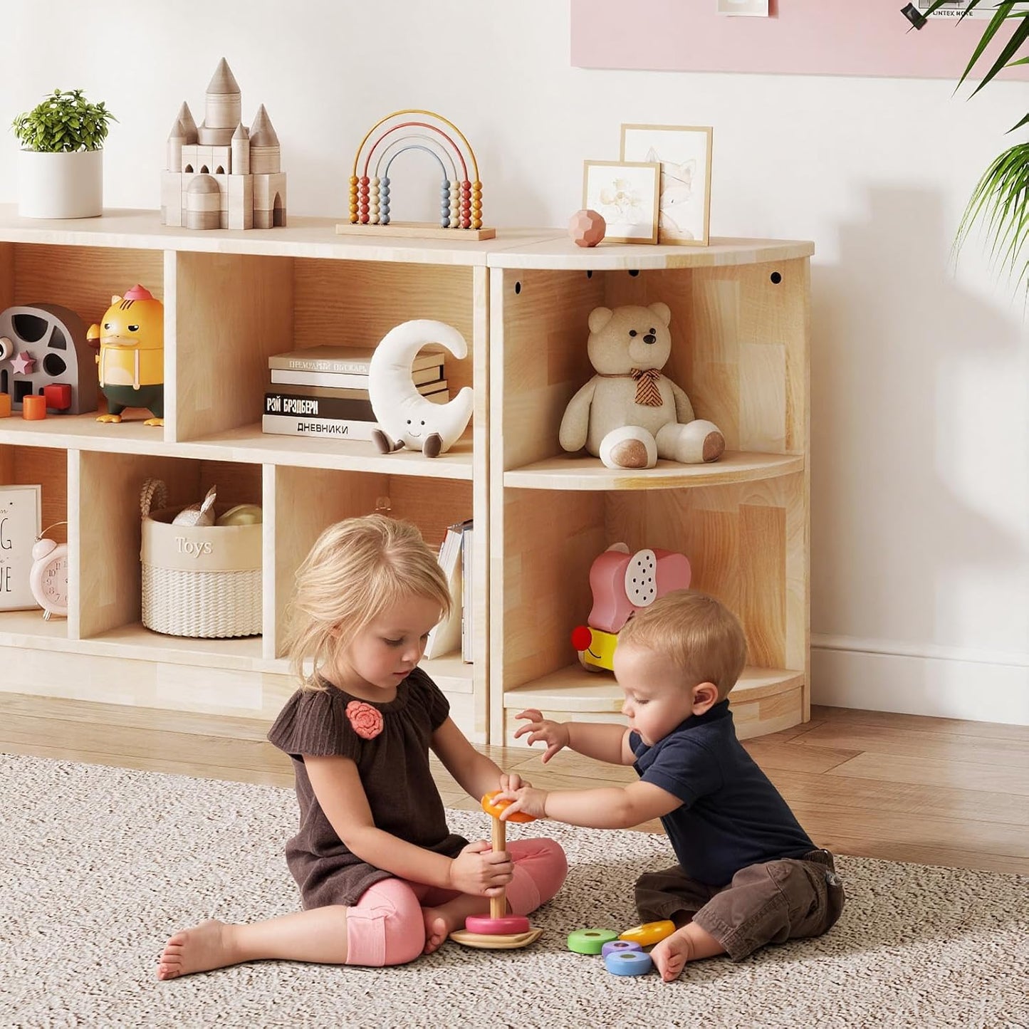 Rubber Wood Corner Cabinet, 2-Tier Kids Montessori Shelf, Toy Storage Organizer and Book Shelf for Playroom, Nursery, Kids Room, Kindergarten