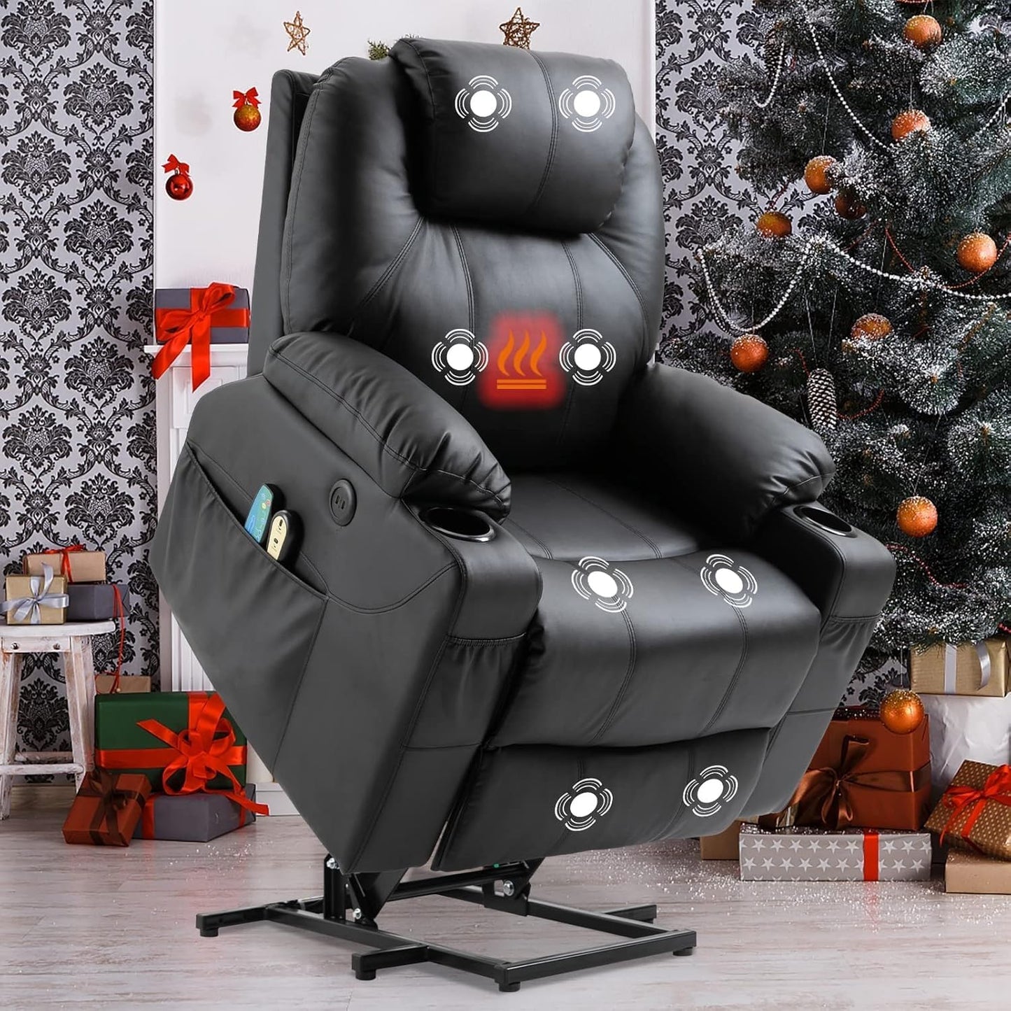 Power Lift Recliner Chair for Elderly, Adjustable Electric Recliner with Heat and Massage, Leather Power Recliner Chair with USB Ports, Cup Holders and Side Pockets