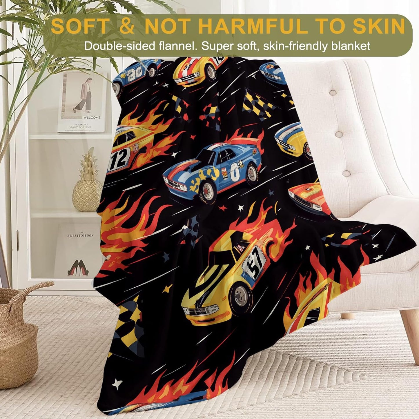 Race Car Flannel Blanket - Dynamic Racing Track Design with Colorful Speeding Cars and Flames Throw - Ultra-Soft Cozy Gifts Blankets for Game Lovers, Kids, Boys,Action-Packed Decor 50x60in