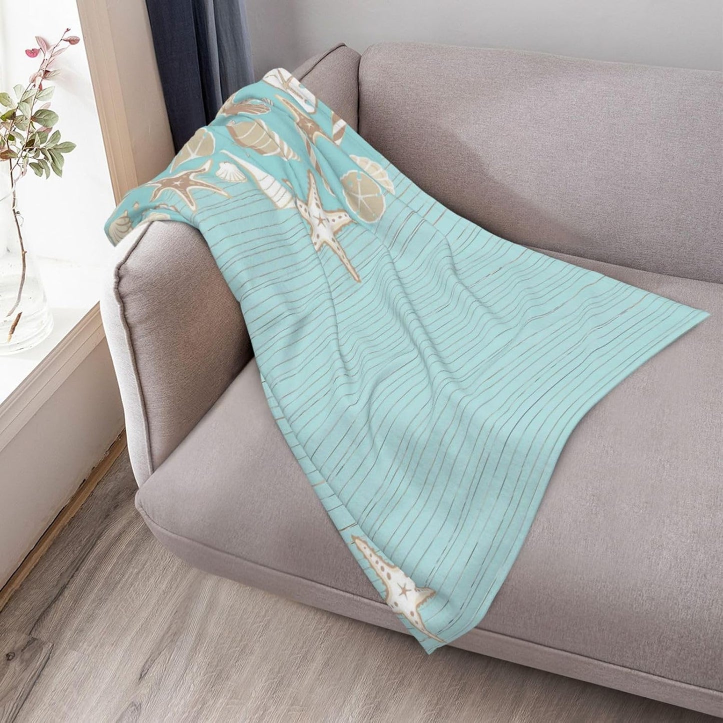 Happy Summer Ocean Themed Coastal Beach Starfish Scallop Throw Blanket Cozy Warm Blankets Soft Flannel Blankets Gift Home Bedding Living Room Couch Sofa Bed for All Seasons Blanket 40x50inch