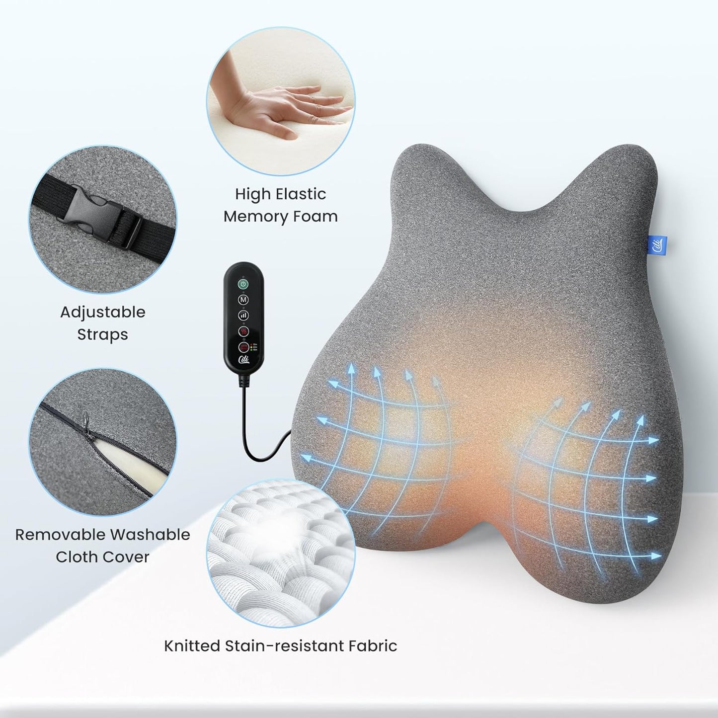 CILI Heated Lumbar Support Pillow for Office Chair, Ergonomic Back Support Cushion with Vibration, Memory Foam Chair Back Massager, Gifts for Mom/Dad