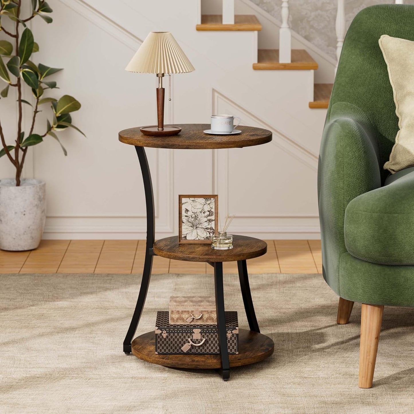 Round Side Table, 15.7" 3-Tier End Table for Living Room, Vintage Accent Table for Small Spaces with Sotage Shelf, Nightstand Wood Metal Coffee Table for Sofa Couch Bedroom, Rustic Brown, Large